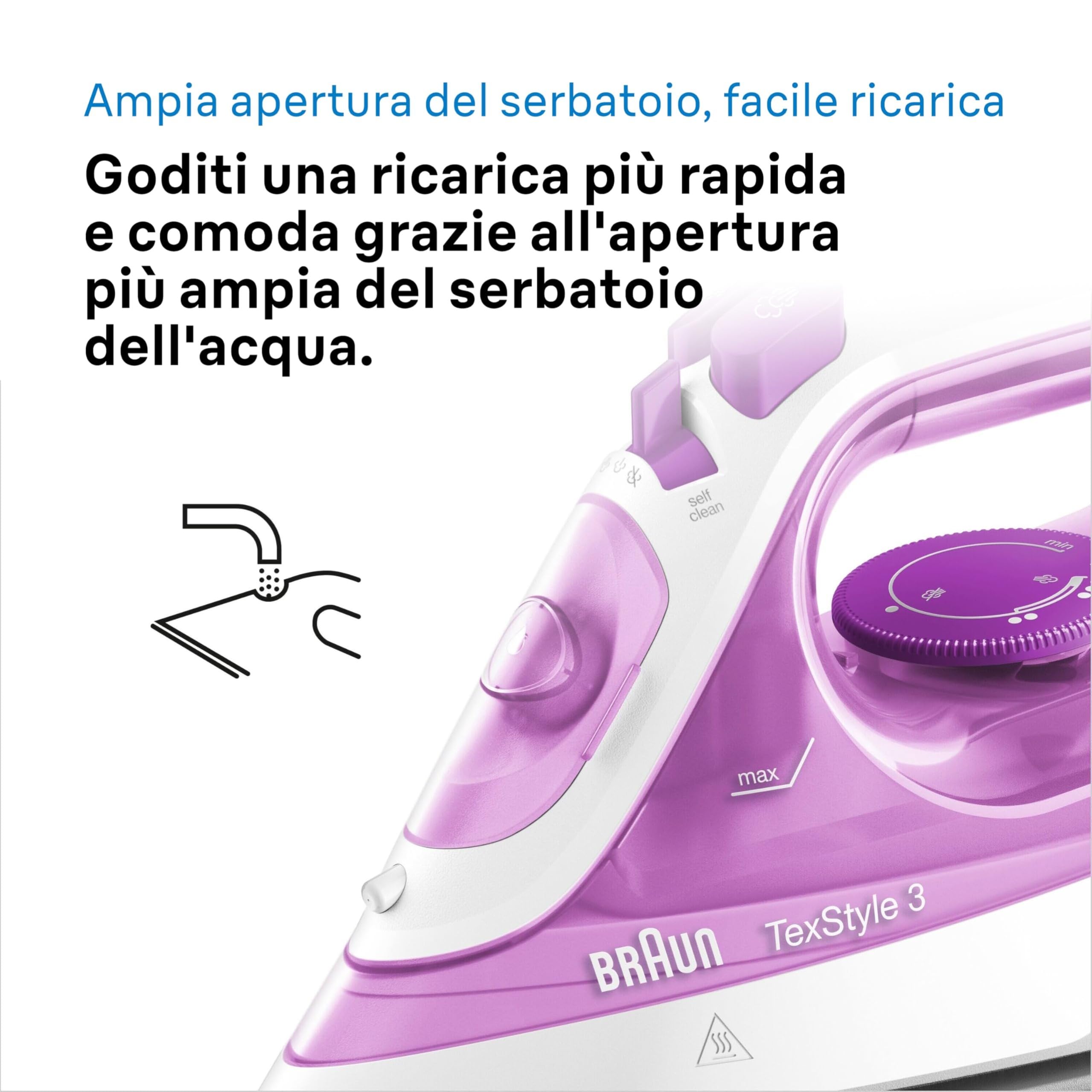 Braun TexStyle3 SI3030PU Ferro da Stiro a Vapore con 5 Anni di Assistenza, Piastra in Ceramica, Stiratura in Verticale, Punta di Precisione, Getto di Vapore 140g/min, Potenza 2300watt, Rosa Chiaro