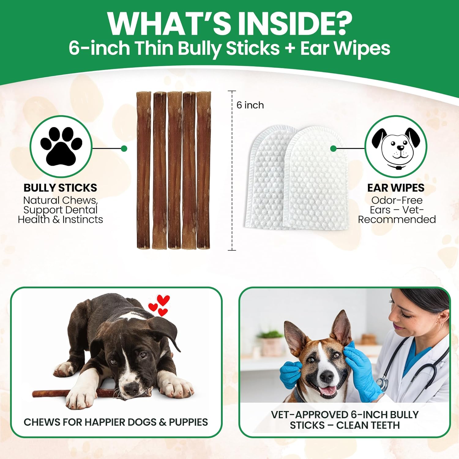 Thin 6” Bully Sticks for Dogs - 10 Count - Natural, Odor Free Grass-Fed Beef Pizzle Sticks for Dogs - Fully Digestible, Rawhide-Free Puppy Bully Sticks for Small & Medium Dog - Free Ear Wipes