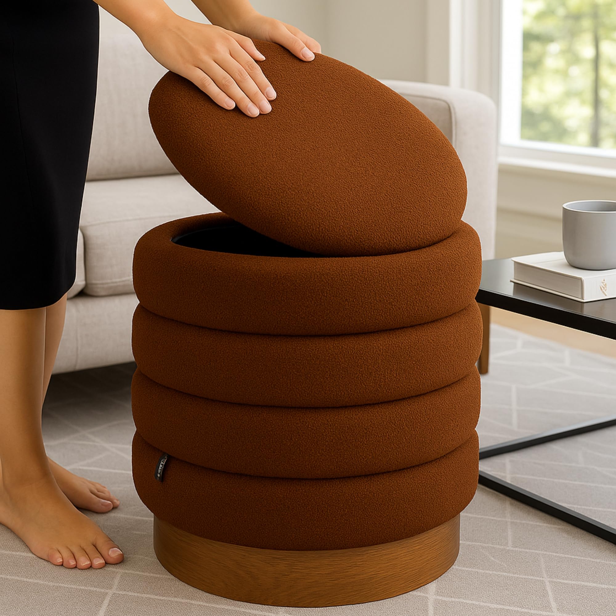 Pack 2 Puff Almacenaje de Salon Borreguito - Taburete Tocador, Reposapies Salon, Puf Cama, Taburete Bajo Almacenaje, Otomana, Puf Asiento con Tapa, 46x42x42 cm + 37x34x34 cm