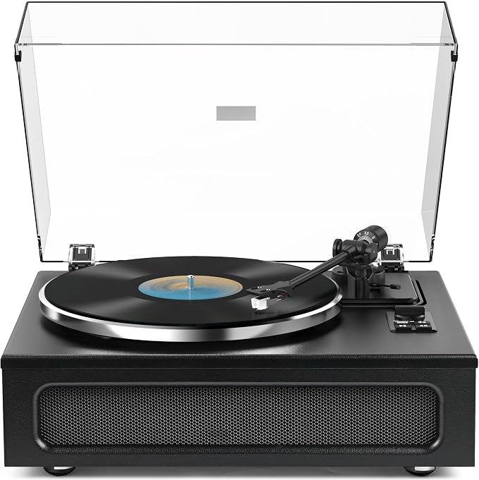 Record Player for Vinyl with Four Stereo Speakers Belt Drive Turntables Vinyls Records Built-in 2 Tweeter and 2 Bass HiFi LP Turn Tables MM Cartridge Phonograph Wireless Pairing Classic Black