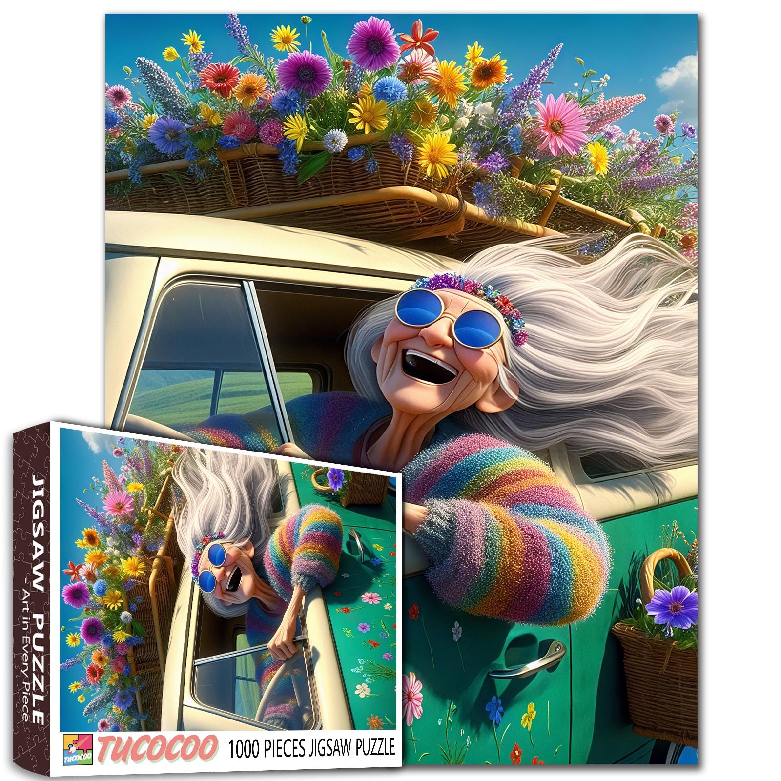 1000 Piece Jigsaw Puzzle, Colourful Summer Joy Scene with Vintage Car and Flowers Older Women DIY Puzzles for Challenging Family Activity Games Elderly Lady Art Home Wall Decor Craft Gifts