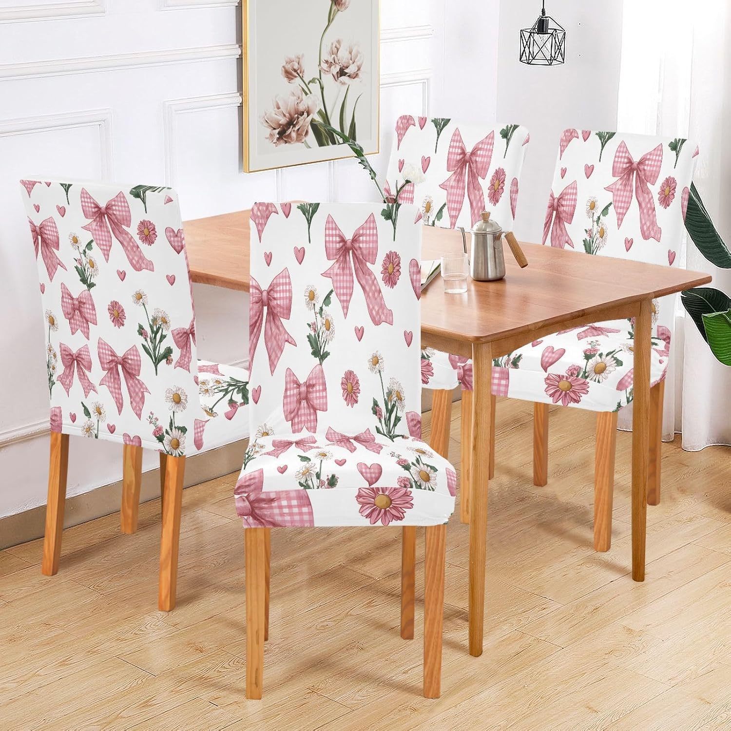 ALAZA Chair Covers for Dining Room, Bow Daisy Flower Pattern Stretch Chair Cover Sets Chair Protector Removable Washable for Ktichen Restaurant Hotel