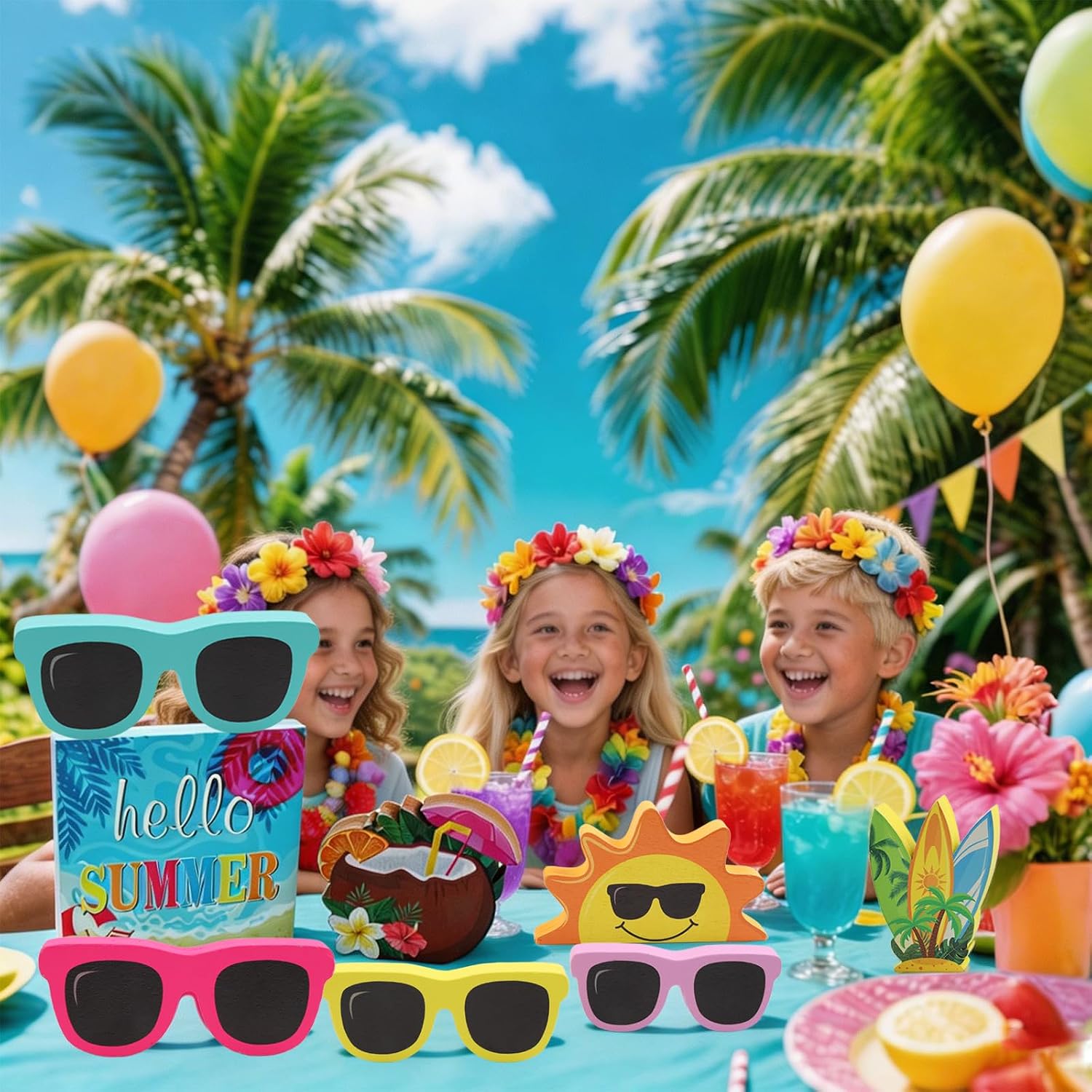 Fangoo 7Pcs Hello Summer Wooden Tiered Tray Decor Set Sunglasses Sunshine Wood Table Sign Rustic Farmhouse Home Decorations for Mummer Party Decor Table Centerpiece Shelf Office Party Supplies image 5