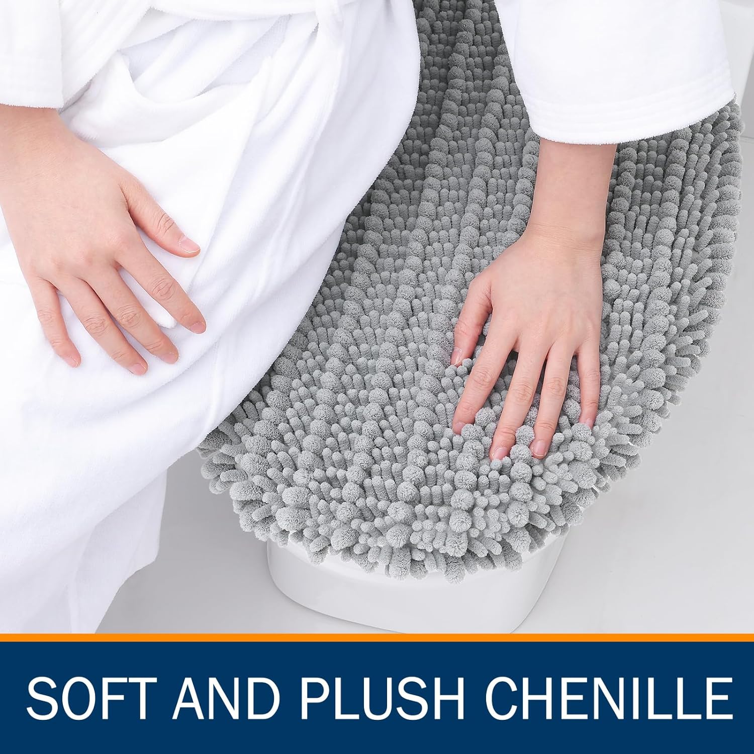 Arotive Luxury Chenille Bathroom Set, Toilet Lid Cover (17.5" x 15") and Bathroom Rugs Set (24" x 16" + 36" x 24" + 24" x 20") in Light Grey, 4 Item Bundle