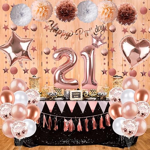 Miniatura 6 de Decoraciones de fiesta de cumpleaños 21 para ella globos de confeti de oro rosa con globos de feliz cumpleaños 21 guirnalda de puntos circulares con