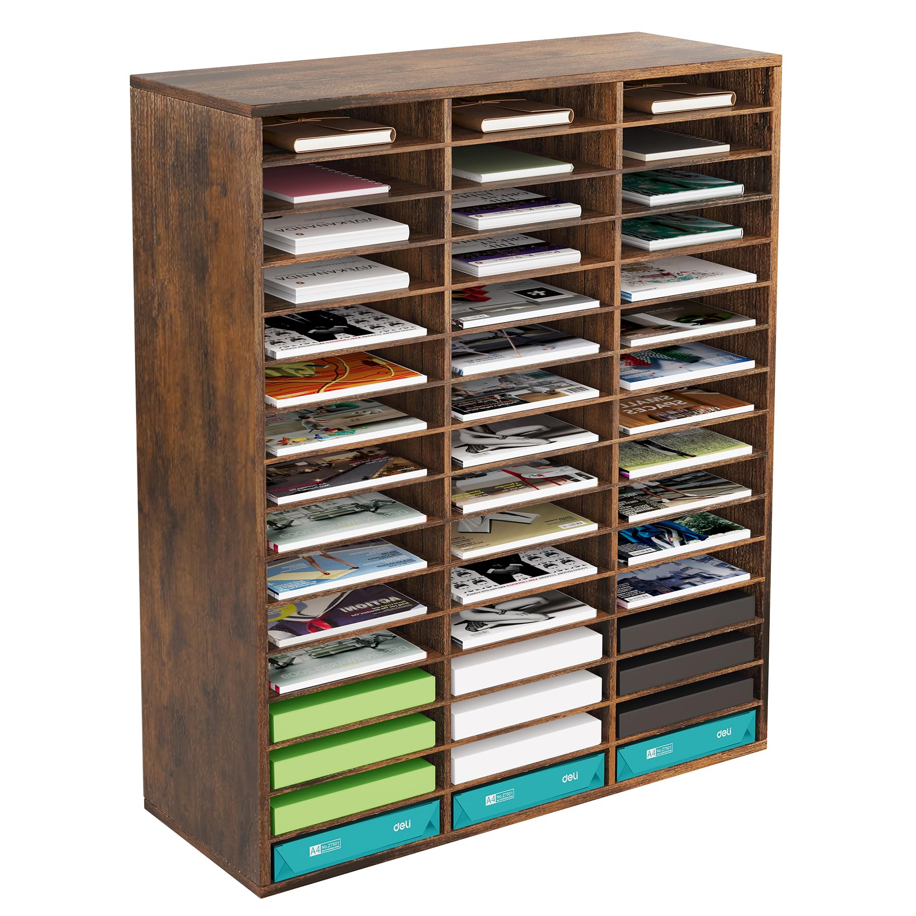 TQVAI Wooden Literature Organizer, 48 Slots File Organizer, Adjustable Mail Sorter, Paper Storage Organizer, Mailbox for Classroom, Office, Antique