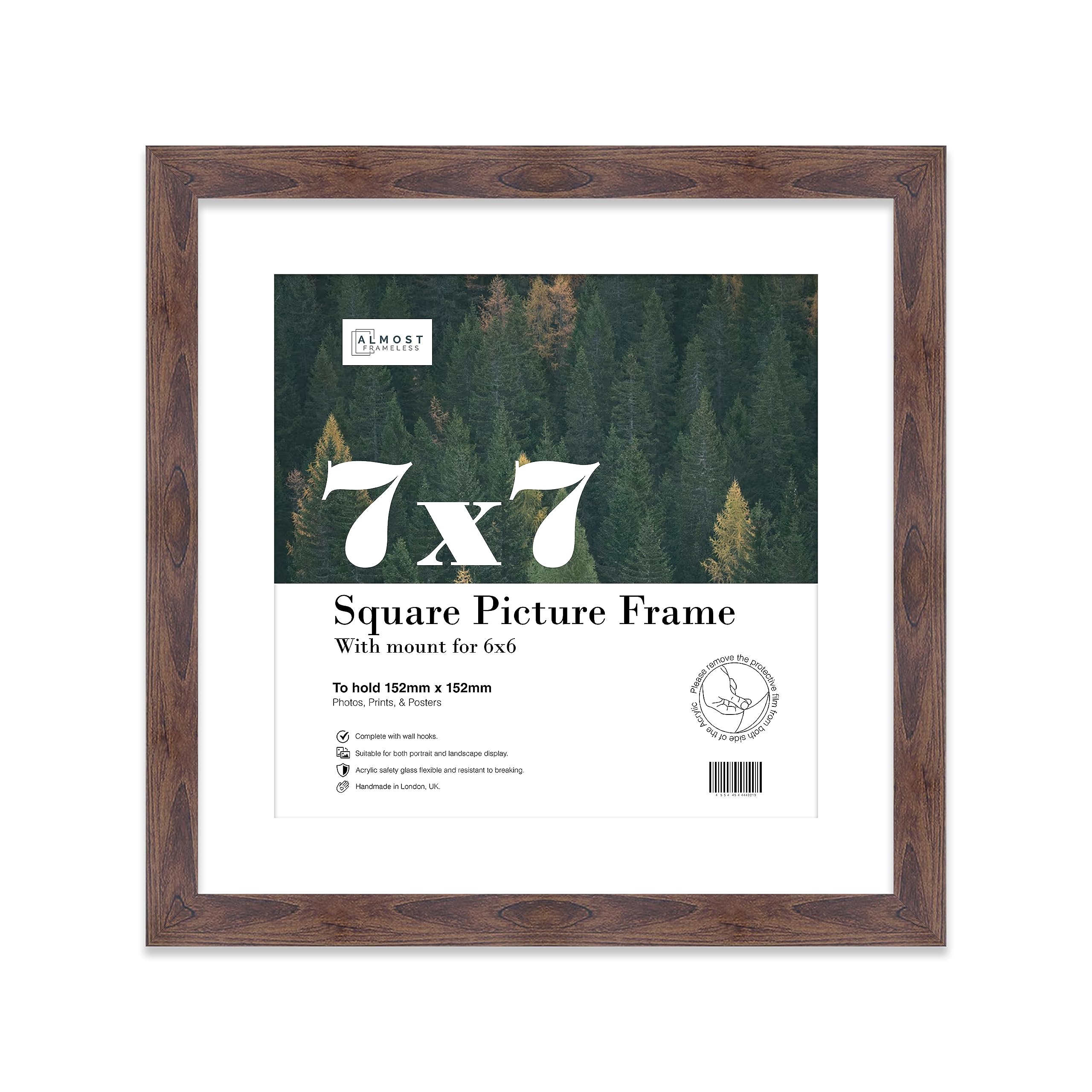Almost Frameless 7x7 Picture Frame, Display Pictures 6x6 With Mat or 7x7 Without Mat, Wall Hanging & Free Standing Photo Frame, Walnut, 1 Pack