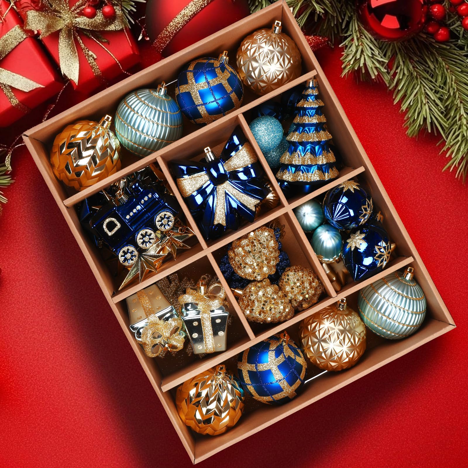 Alupssuc 82pcs Christmas Balls Ornaments, Delightful Classic Gift Set, Shatterproof Plastic Decor for Xmas Tree Holiday Wedding Party Decorations with Hanging Strings, Blue and Gold