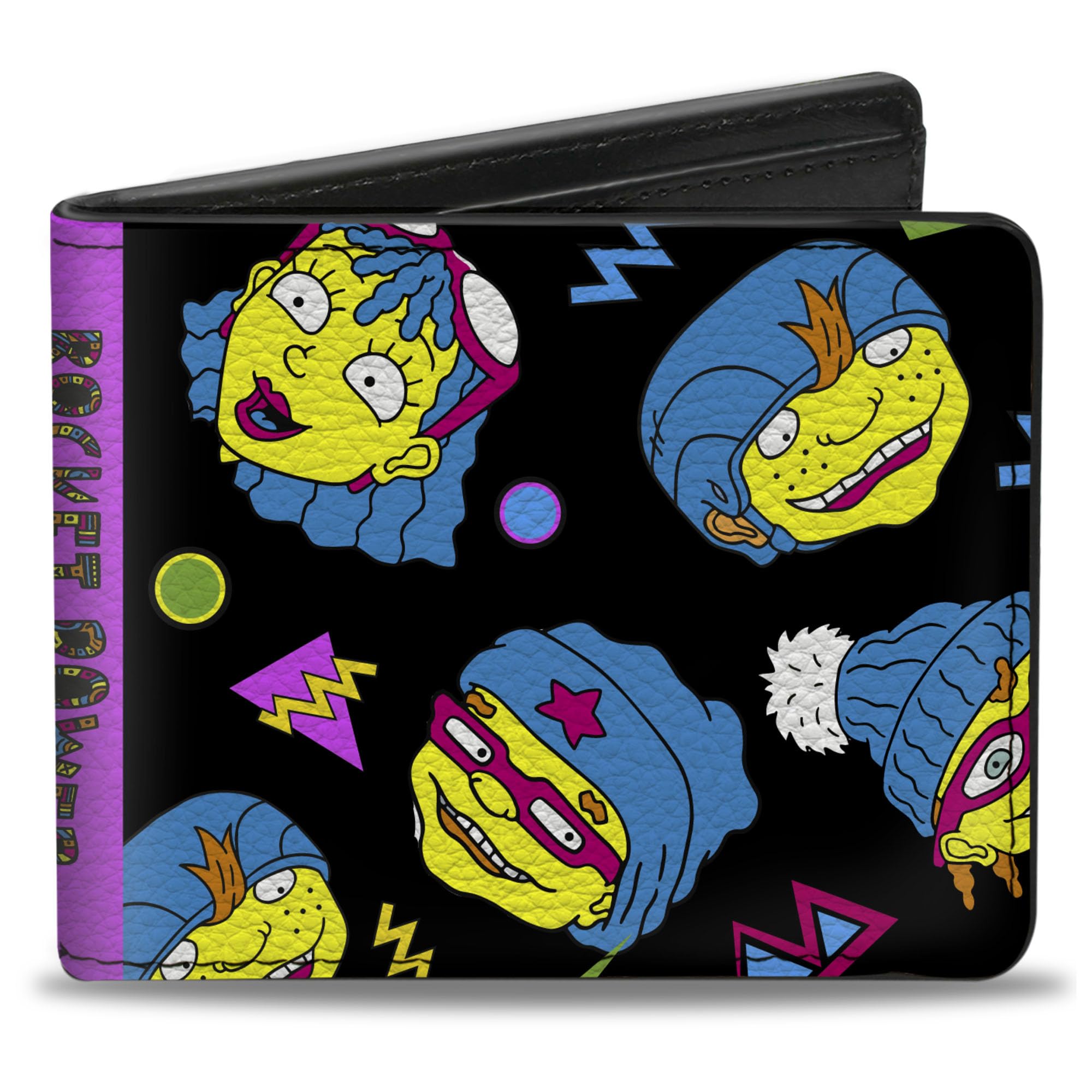 Buckle-Down Men's Nickelodeon Wallet, Bifold, Rocket Power Character Faces Scattered Black Multi Neon, Vegan Leather, 4.0