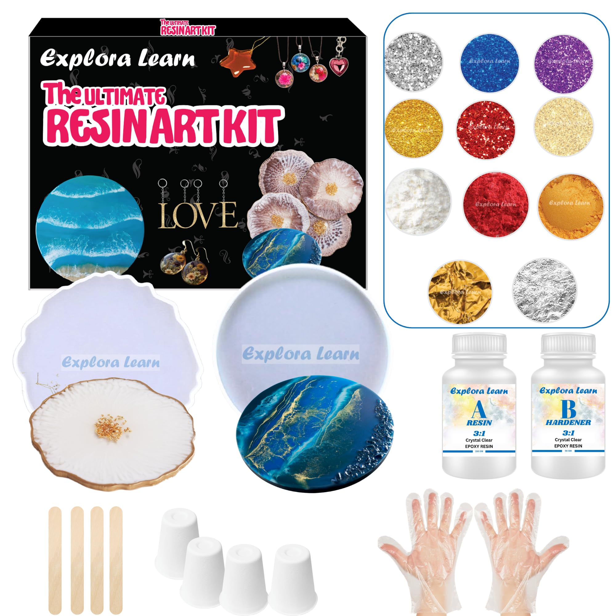 exploralearn Ultimate Resin Art Kit - DIY Coaster Kit with 200 gm Epoxy Resin and silicone moulds - Comprehensive Resin Art Materials - Mica, Glitters and Flakes|Resin Art Kit for beginners|Multicolor