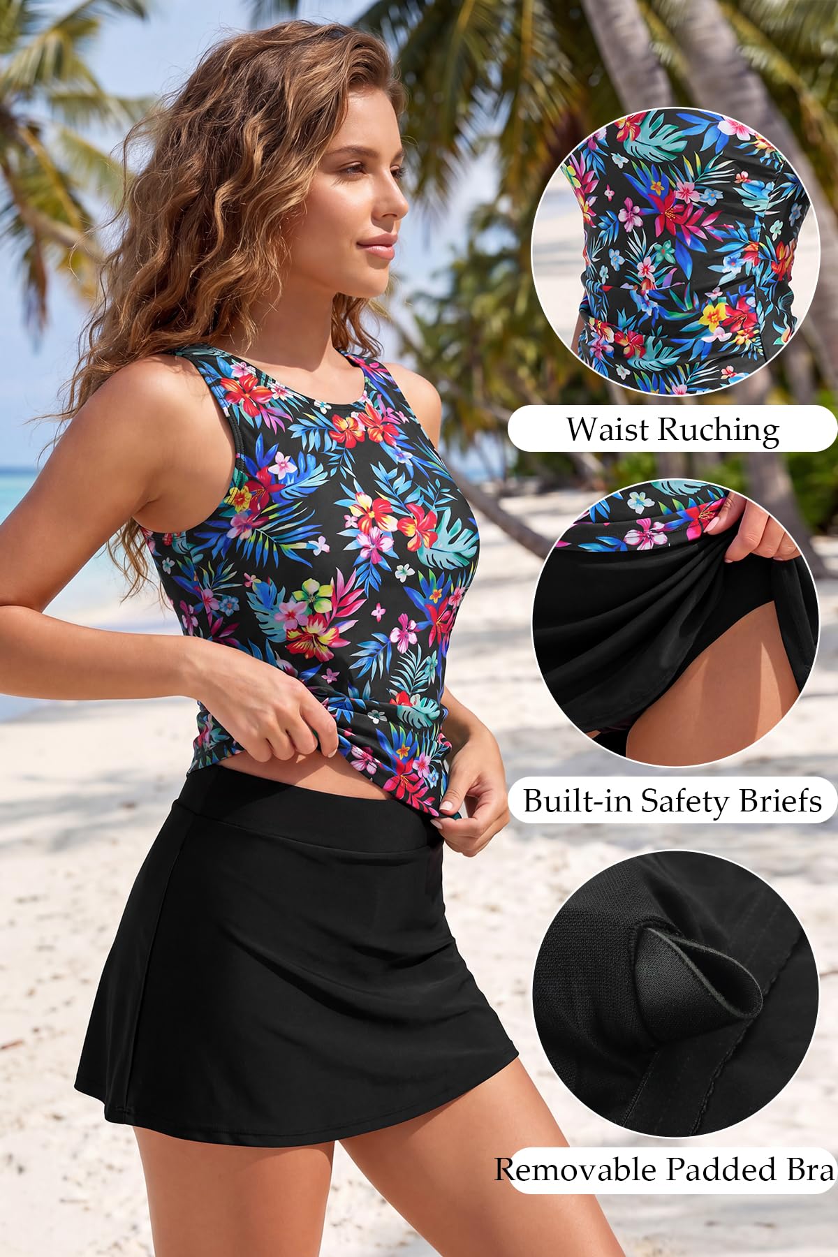 SHEKINI Damen Elegant Hoher Ausschnitt Tankini Set Ruched Bauchweg Slim Zweiteiliger Badeanzug Tankini Oberteil mit Rock Bademode