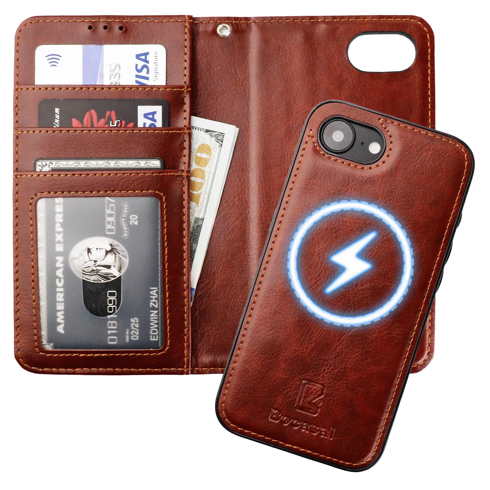 Bocasal for iPhone 16e Wallet Case Compatible with MagSafe Wireless Charging, RFID Blocking Magnetic Leather Case with Card Slots Holder Kickstand