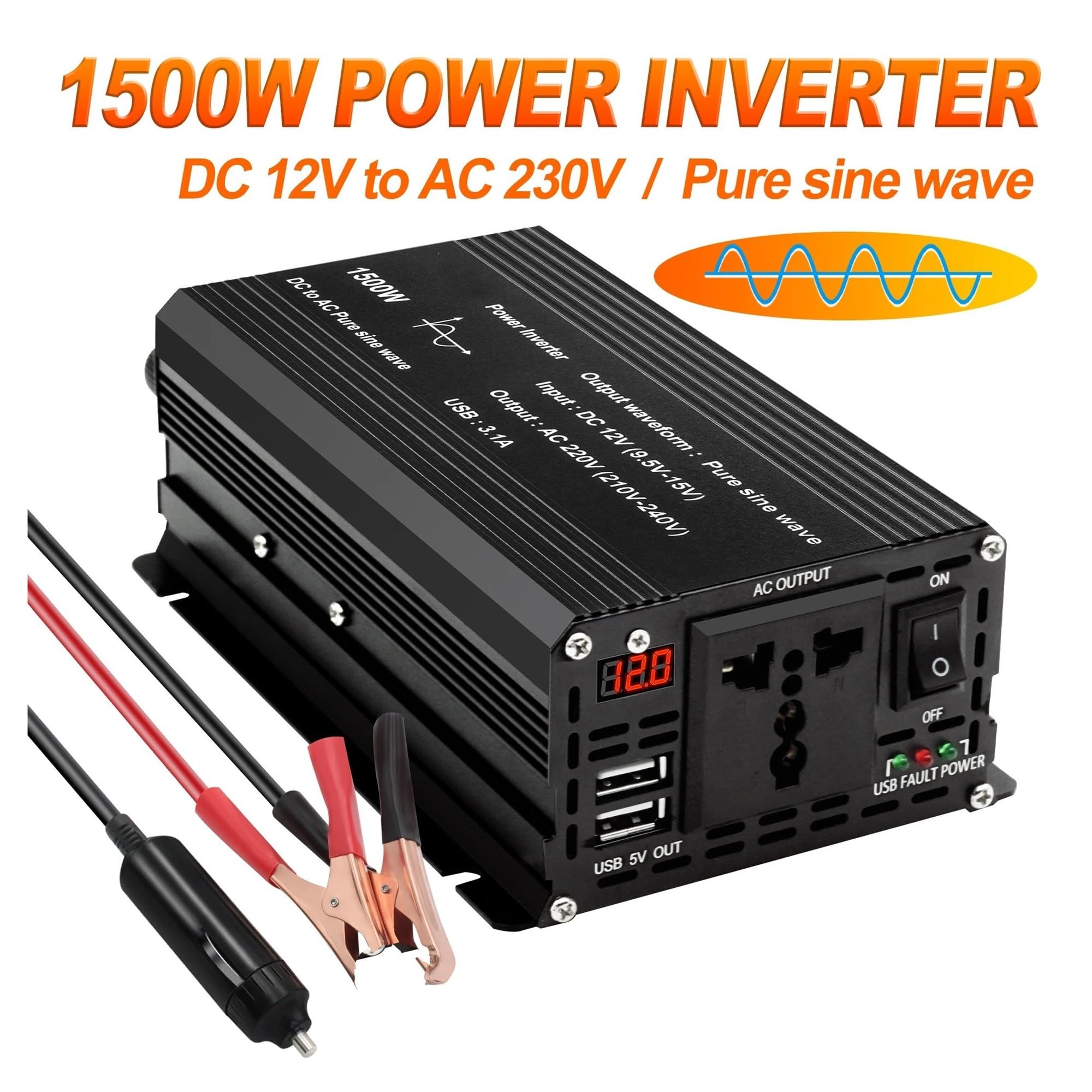 Convertidor Inversor Transformador Inversor Onda Sinusoidal Pura 1000W/1500W/2200W/2600W/3000W CC 12 V A CA 220 V Voltímetro LED Transformador Enchufe Universal UE(12V 50Hz,Europe,1500W)