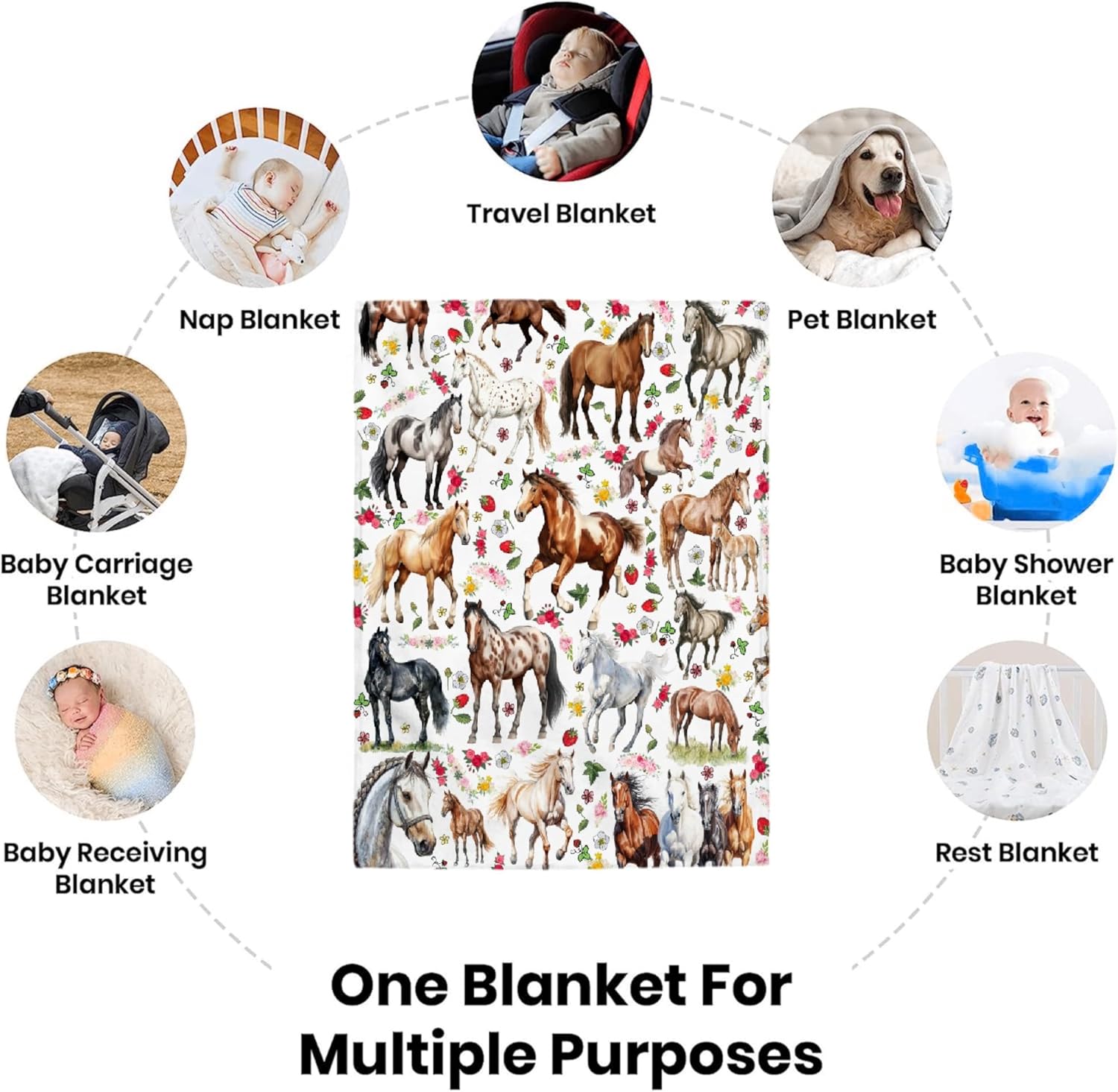 Floral Horse Blanket, 40"x30"Rose Horses Throw Blanket for Baby, Cartoon Animal Strawberry Decor Horse Plush Gifts for Toddler Crib Lightweight Flannel Cute Wildlife Throw for Nursery Newborn Infant