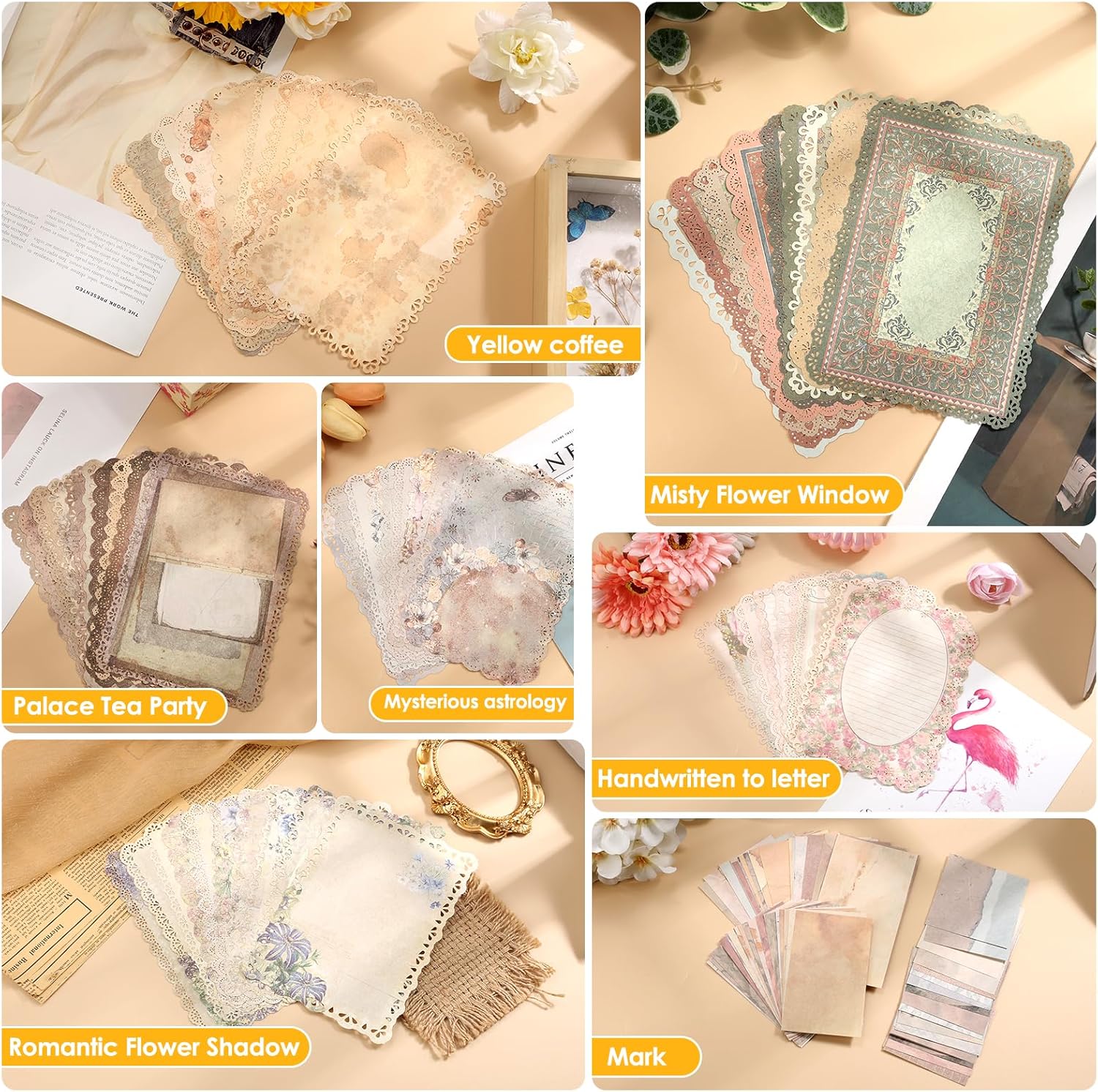 Sublaga 120 Sheets Lace Edged Scrapbook Stationery Papers Assorted Set Textured Scrapbook Paper Vintage Paper for Letter Writing Scrapbooking Embellishments Planner 4.9x6.9 Inch
