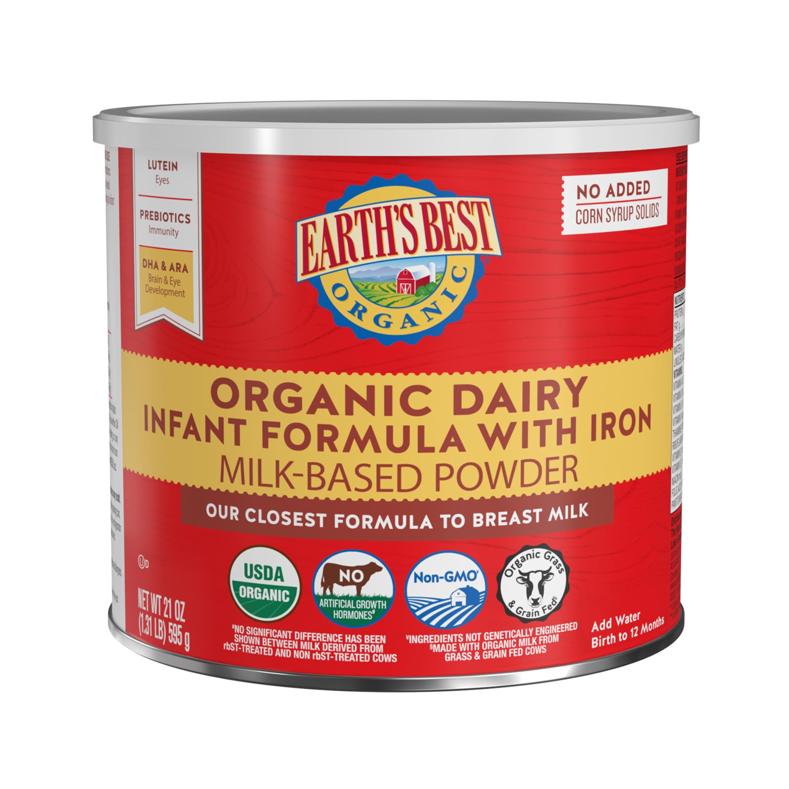 Earth's Best Organic Dairy Infant Formula for Babies 0-12 Months, Milk-Based Powder Formula with Iron, Omega-3 DHA, and Omega-6 ARA, 21 Ounce ContainerUSDA Organic