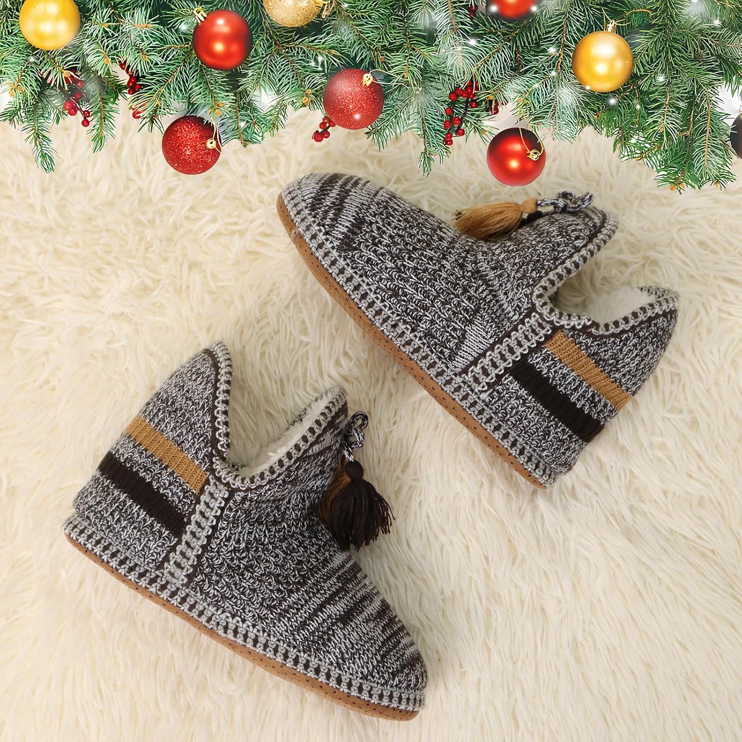 GPOS Women's Faux Cashmere Knit House Slipper Booties Cotton Quilted Warm Indoor Ankle Boots - Image 6