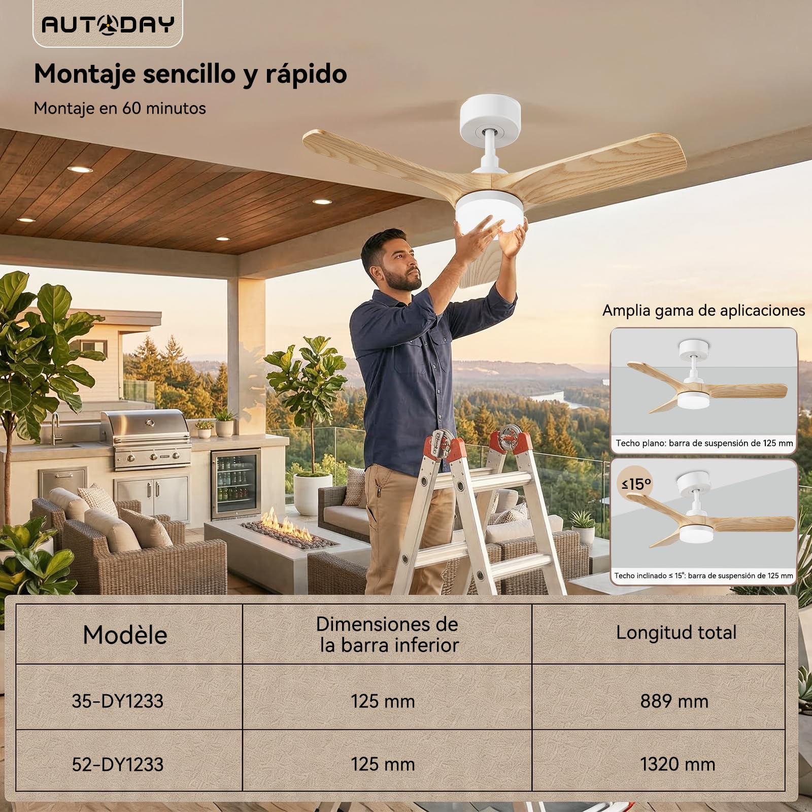 Ventilador de techo con Luz Lámpara LED diámetro 90 cm Ultra Silencioso Ventilador Techo 30 W, 3 Aspas Reversibles,Mando Distancia y Temporizador 1/3/6H,Función Verano-Invierno,6 velocidades