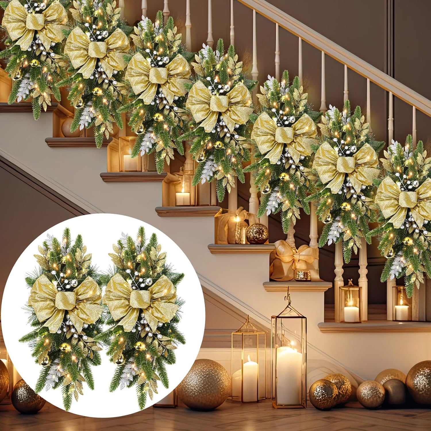 Lyrow 8 Pcs Christmas Artificial Swags 24" Xmas The Cordless Prelit Stairway Swag Teardrop Trim Wreath Door Stair Swag Garland Christmas Swags for Outdoor Home Garden Decor(Gold,Retro) Gold Retro