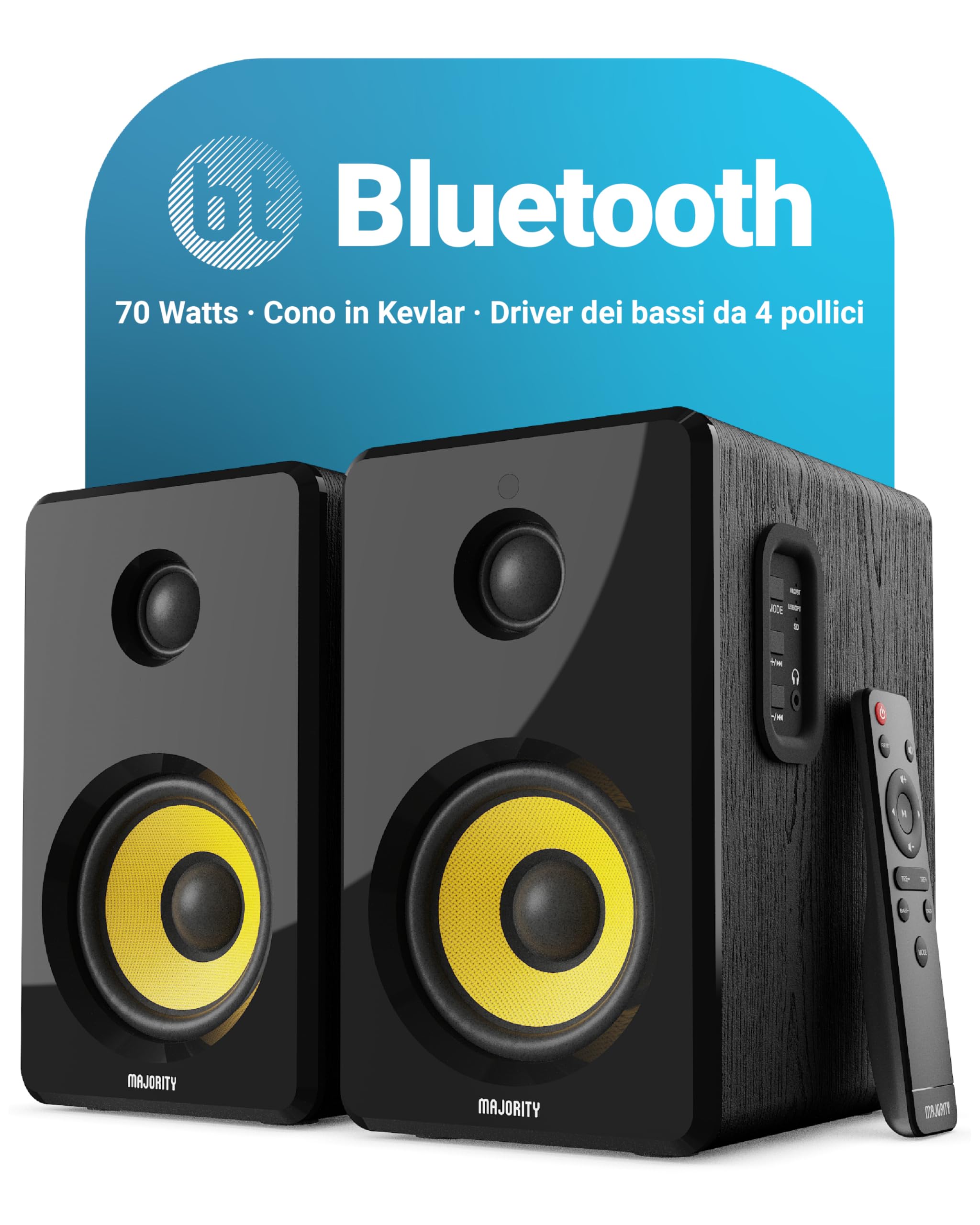 Majority D40X 70W PC Bluetooth Amplificate Attive Casse con Bluetooth | Casse Monitor Studio | Cono Dell'altoparlante Giallo in Kevlar e Cabinet in Legno | Ottico, USB e AUX D40X Audio Bluetooth