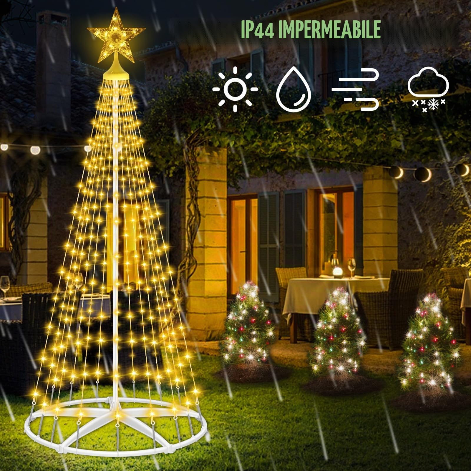 HELESIN 1,8M Albero Natale Esterno con 250 LED, 8 modalità, timer, impermeabile, illuminazione natalizia, per giardino, balcone, decorazione natalizia, per esterni, bianco caldo