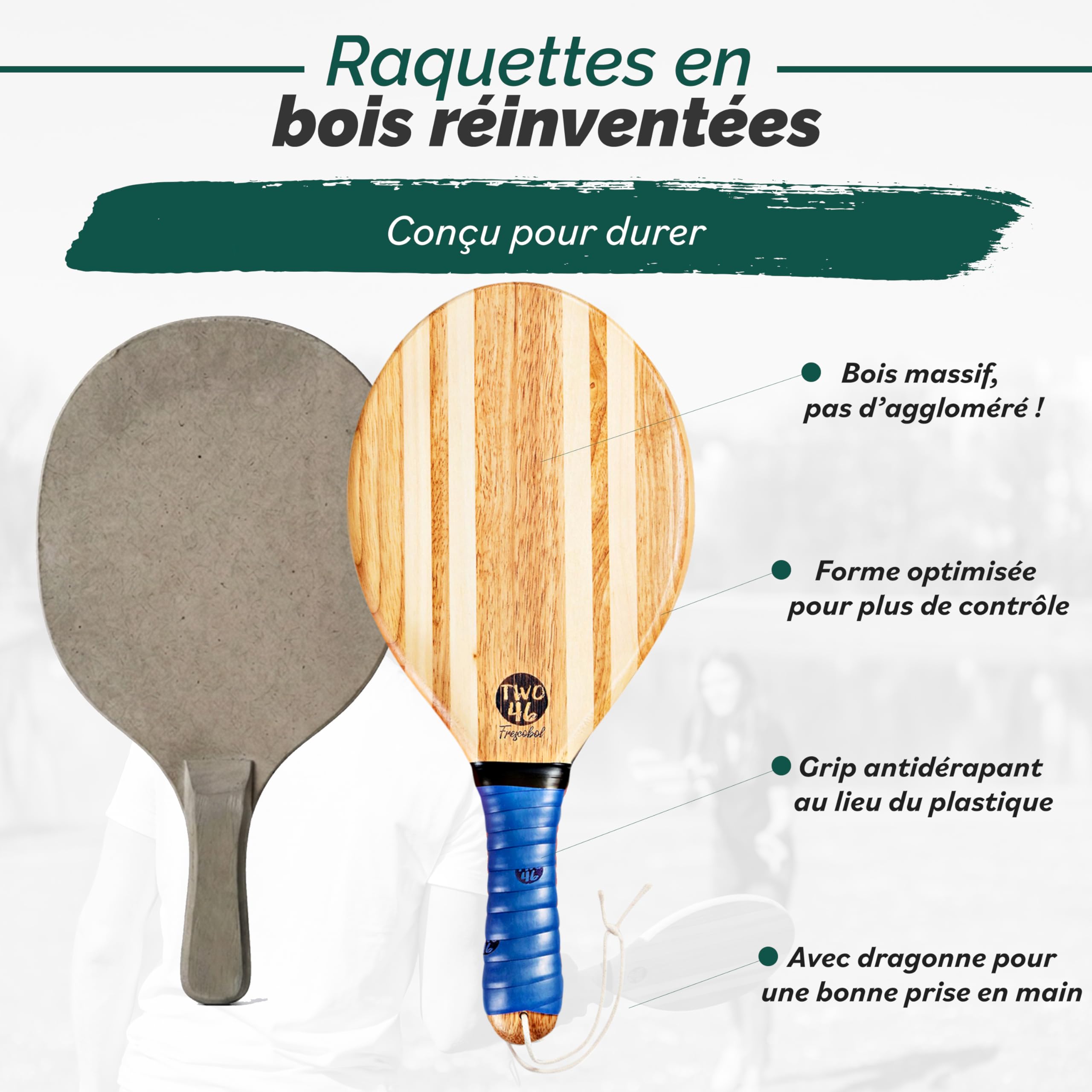 two46 | Raquettes de Plage Premium Set | Frescobol-Le Nouveau Sport Tendance d'origine de l'Amérique de Sud | Raquettes en Bois Faites Main de Haute qualité, Choix Individuel de Balle et Sac adapté