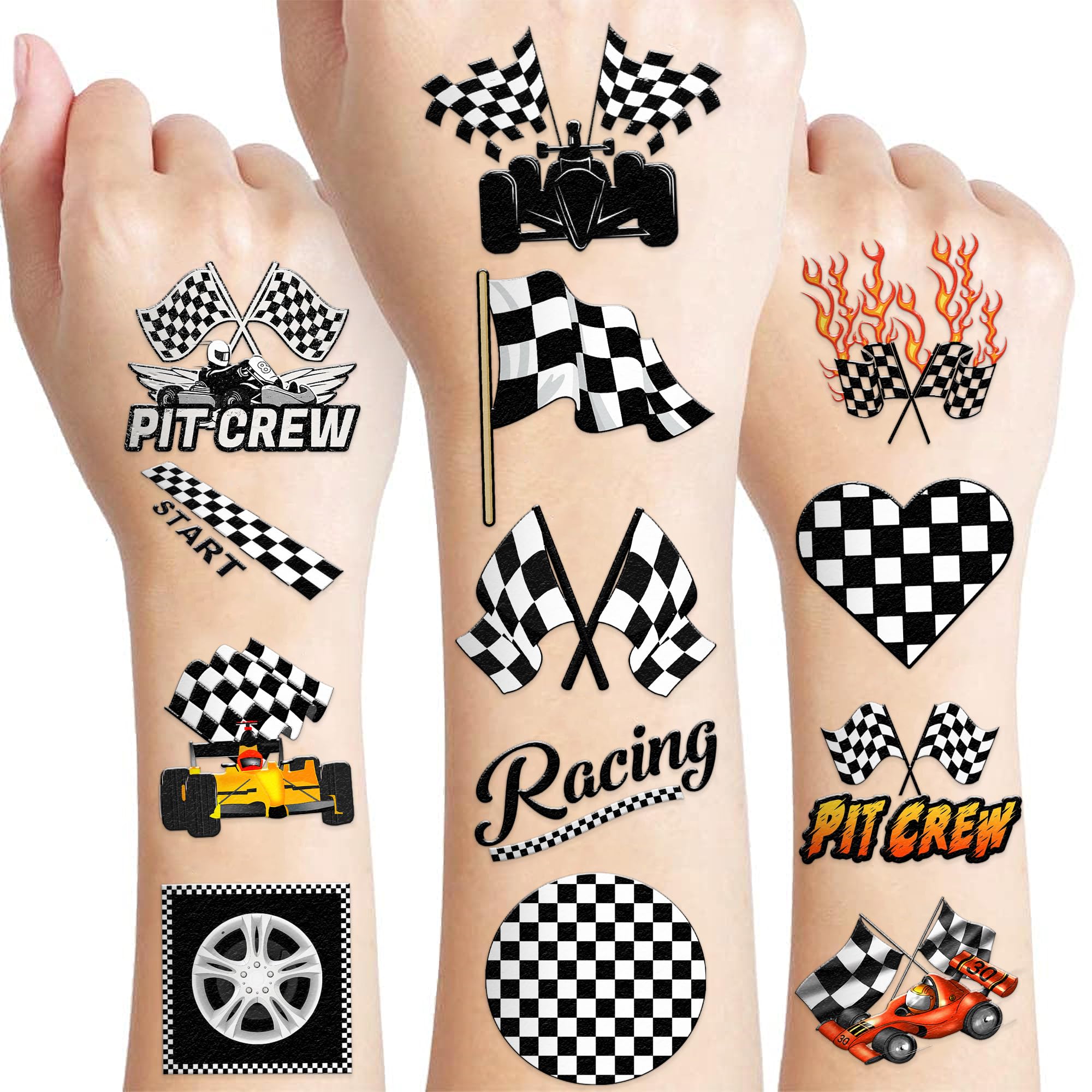 60 PCS Funny Race Car Checkered Flag Pre-Cut Temporary Tattoos