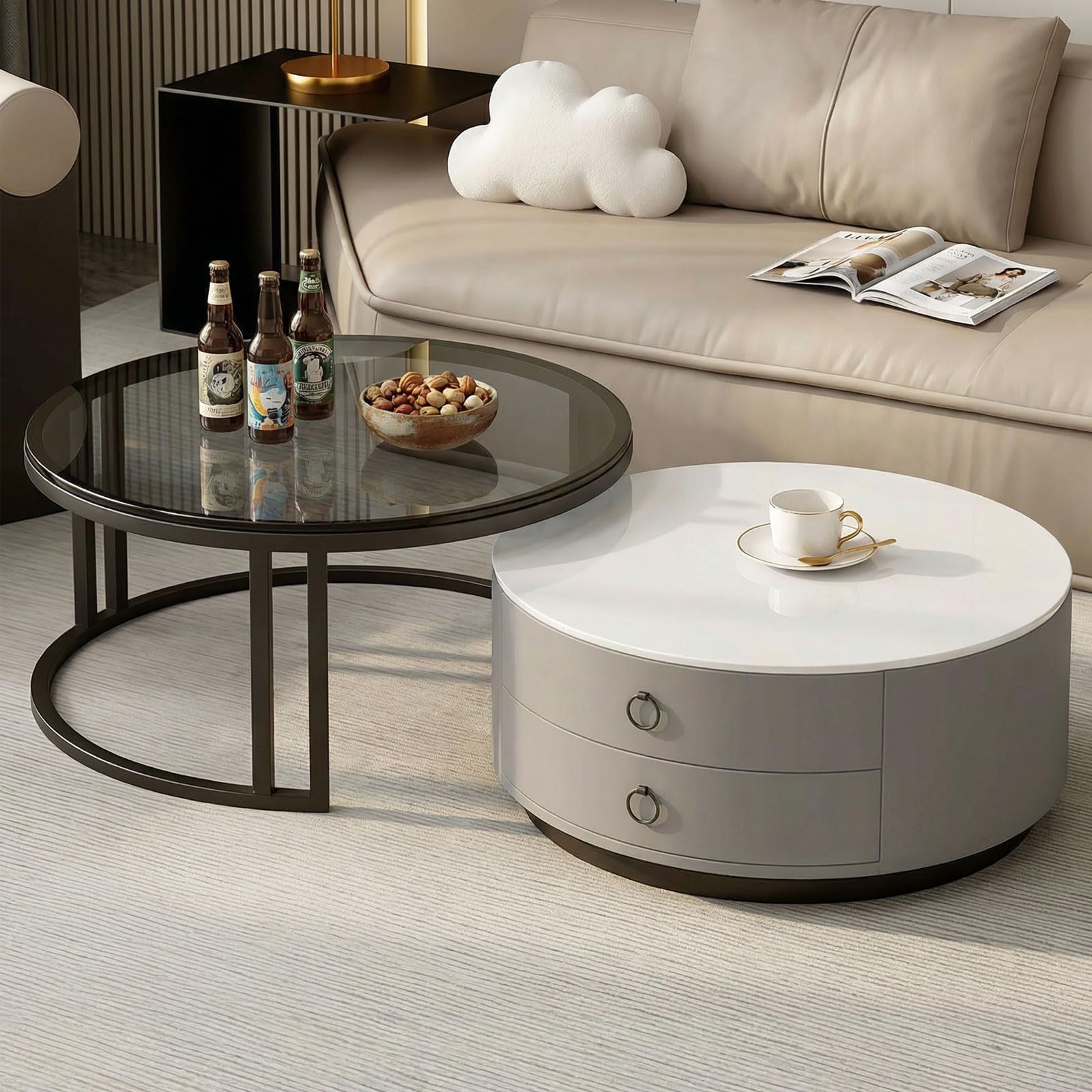 Generisch 2er Set Runde Couchtische mit Stauraum, Moderne Wohnzimmertisch mit Marmoroptik und Glasplatte, Stapelsofa Beistelltisch für Schlafzimmer Wohnzimmer Balkon Büro