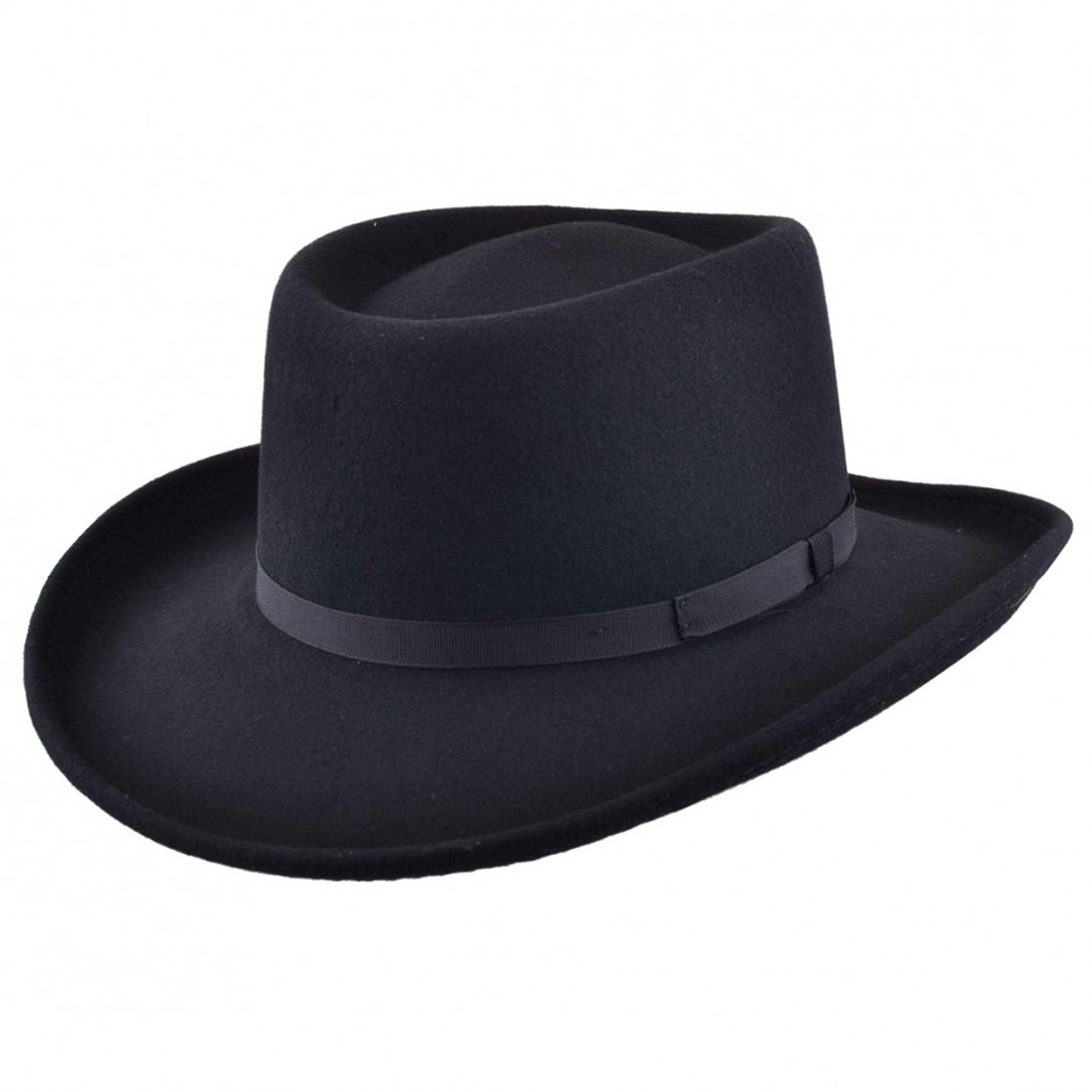MAZ Mens Black Vintage 100% Wool Felt Crushable Gambler Cowboy Hat Curved Wide Brim with Ribbon