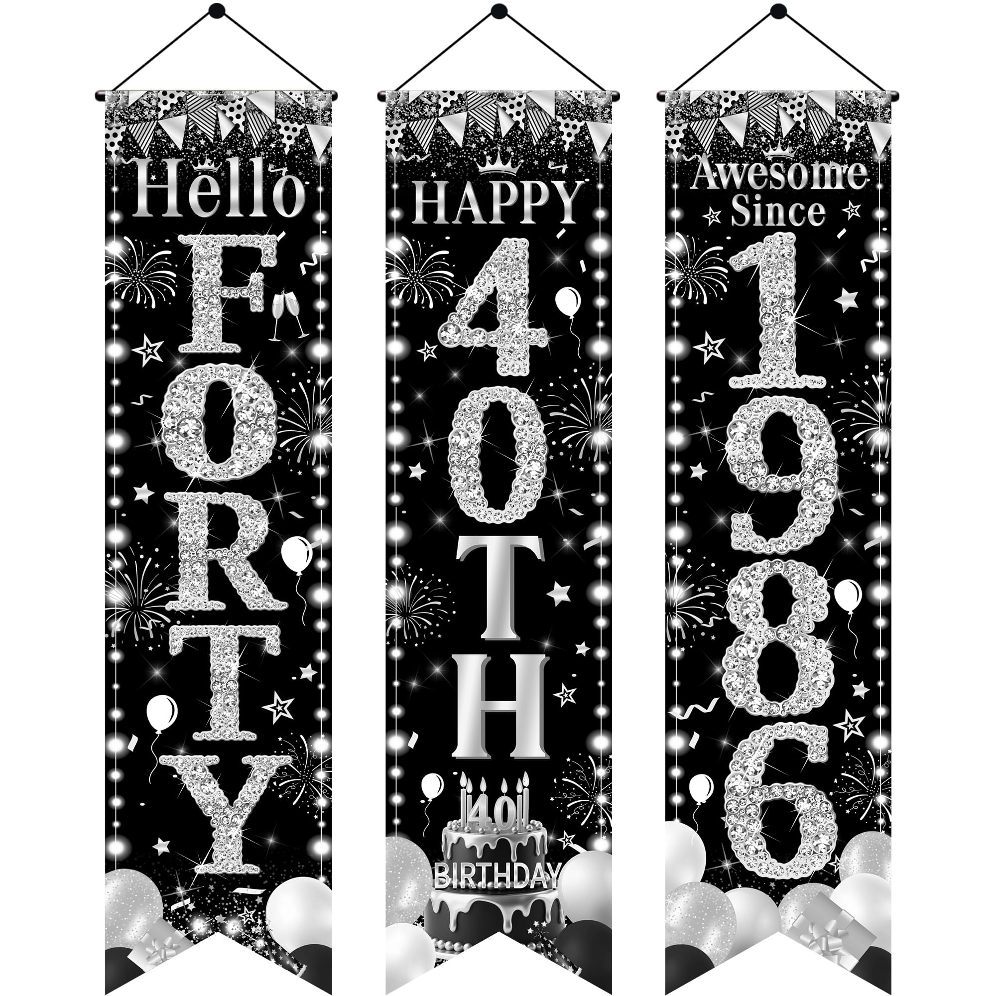 40th Birthday Door Banner Decorations - Black Silver Hello Forty Porch Signs 3.9x0.9ft, 3Pcs Cheers to 40 Years Awesome Since 1986 Hanging Banners for 40th Birthday Party Decor