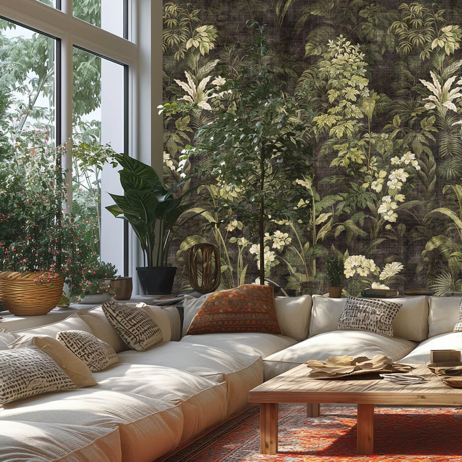 Papier peint panoramique intissé fleurs pour salon vert-patine 4,45m2