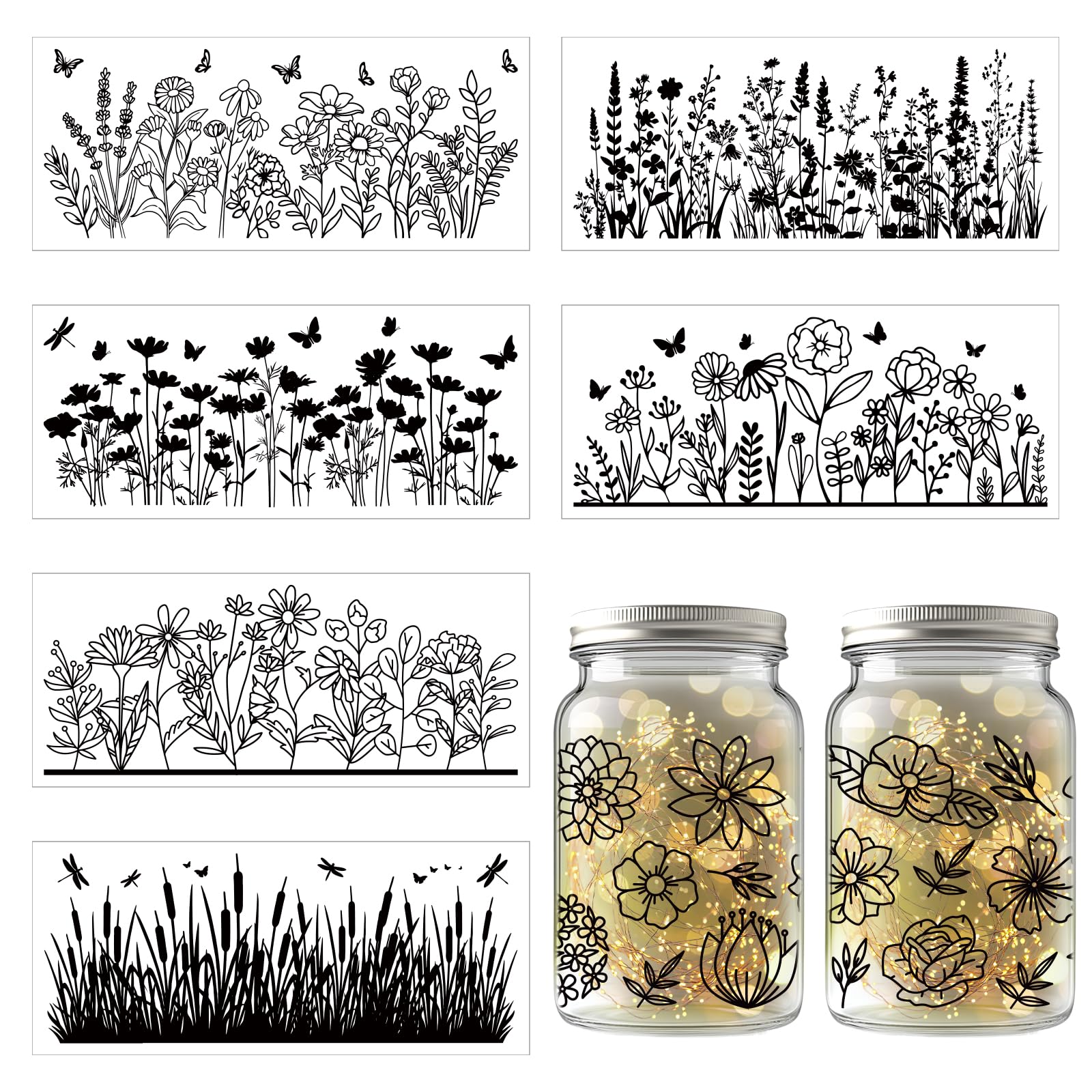 GLOBLELAND 8 Sheets 8.3x3.6inch Spring Wildflowers Weeds Silhouette Jar Cutouts Butterfly Plastic Silhouette Wall Decals (Not Stickers) Lantern Jar