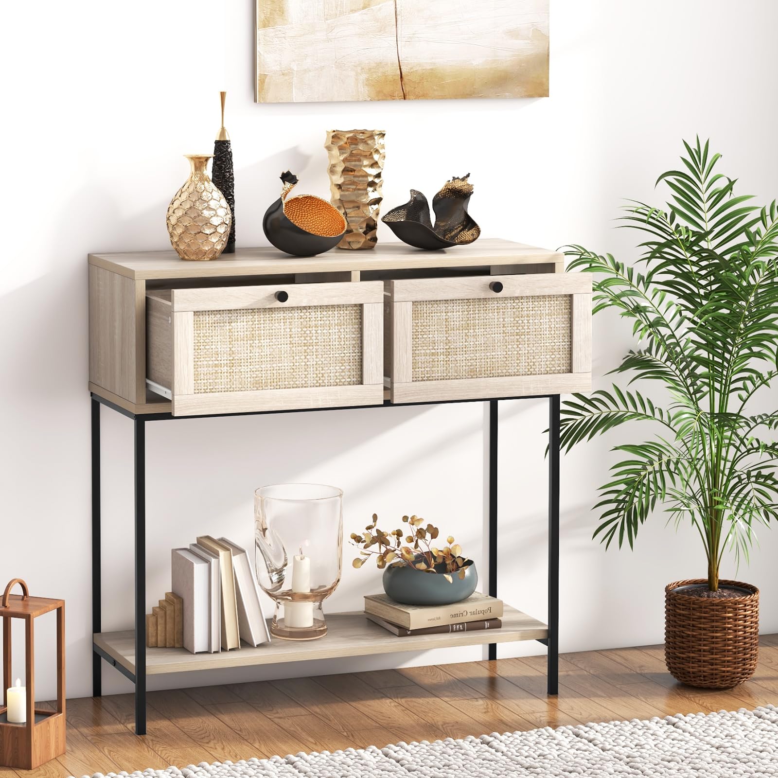 Giantex Console Table with Rattan Drawers - 31.5