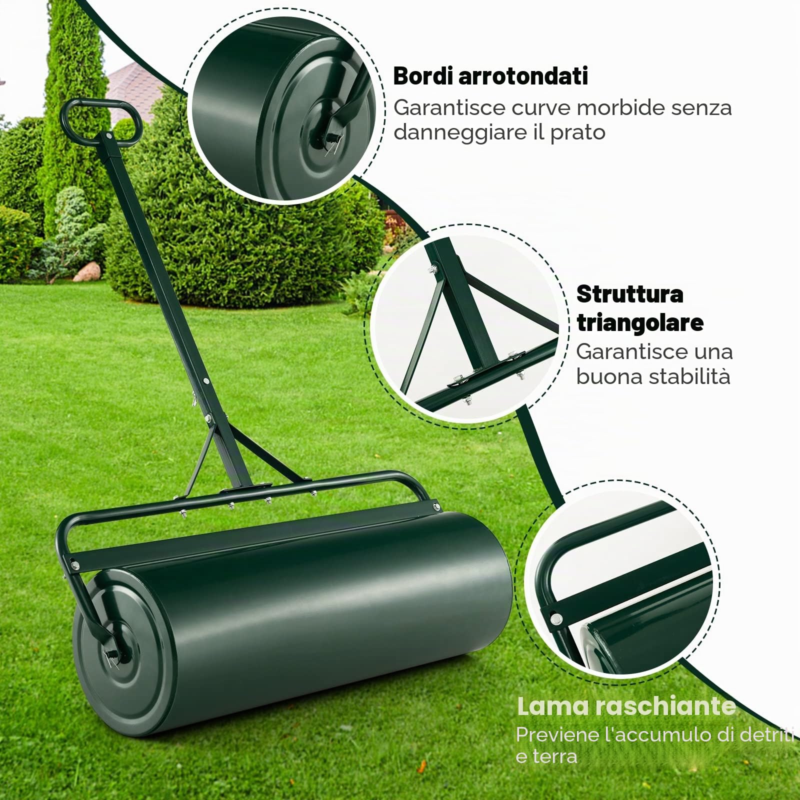 FANTASK Rullo per prato in metallo, Ø 30 cm, rullo manuale con manico 63 l, rullo per carichi pesanti, riempito con acqua e sabbia, rullo da giardino, rullo per prato
