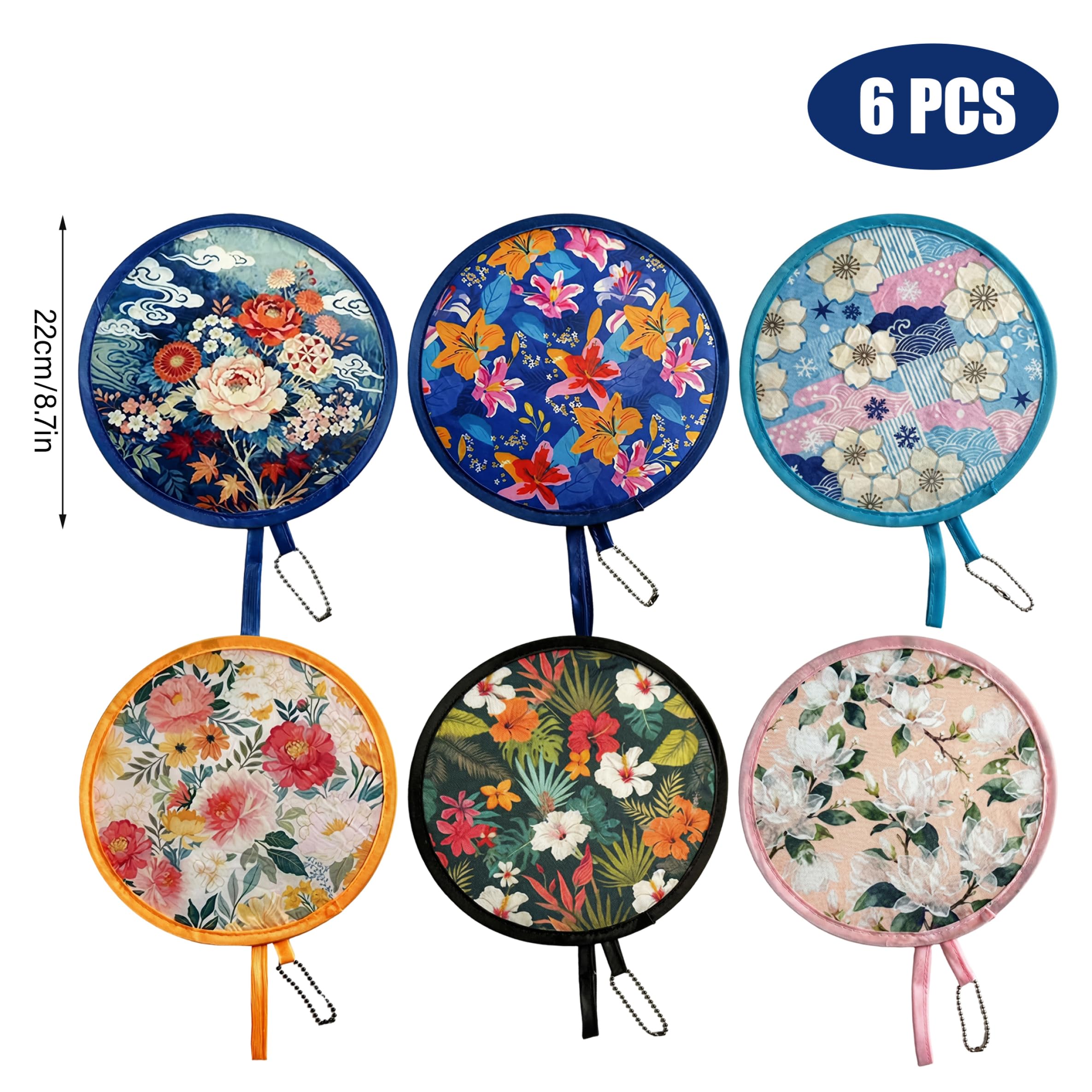 6-teiliges faltbares Handfächer-Set mit Blumenmuster, faltbarer Handfächer im Vintage-Flying-Disc-Design, tragbare runde Fächer für Sommerreisen, Hochzeiten, Partys