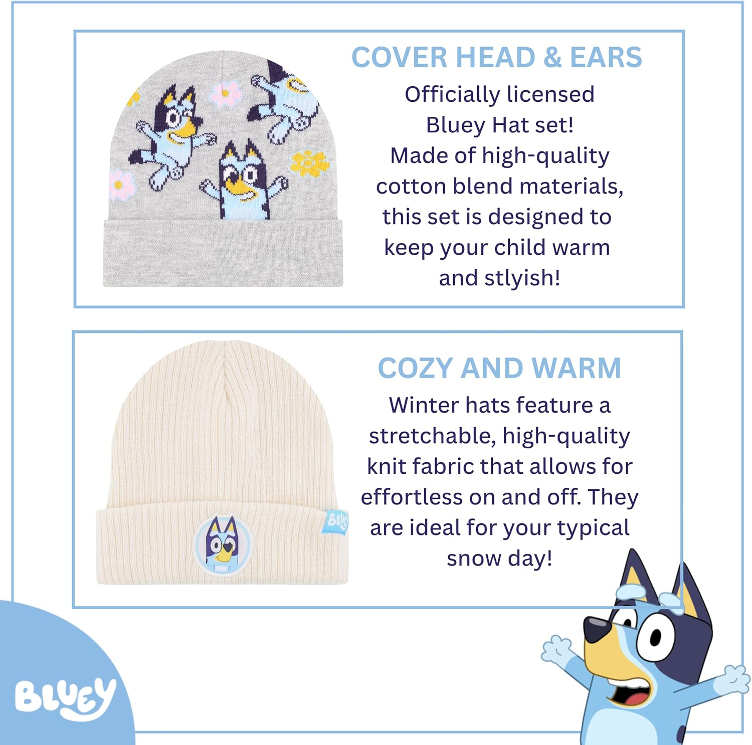 Bluey Toddler Winter Hat 2-Pack – Soft Knit Beanies with Warm Cuffed Design – Cozy Hats for Boys & Girls Ages 2–5 - Image 2