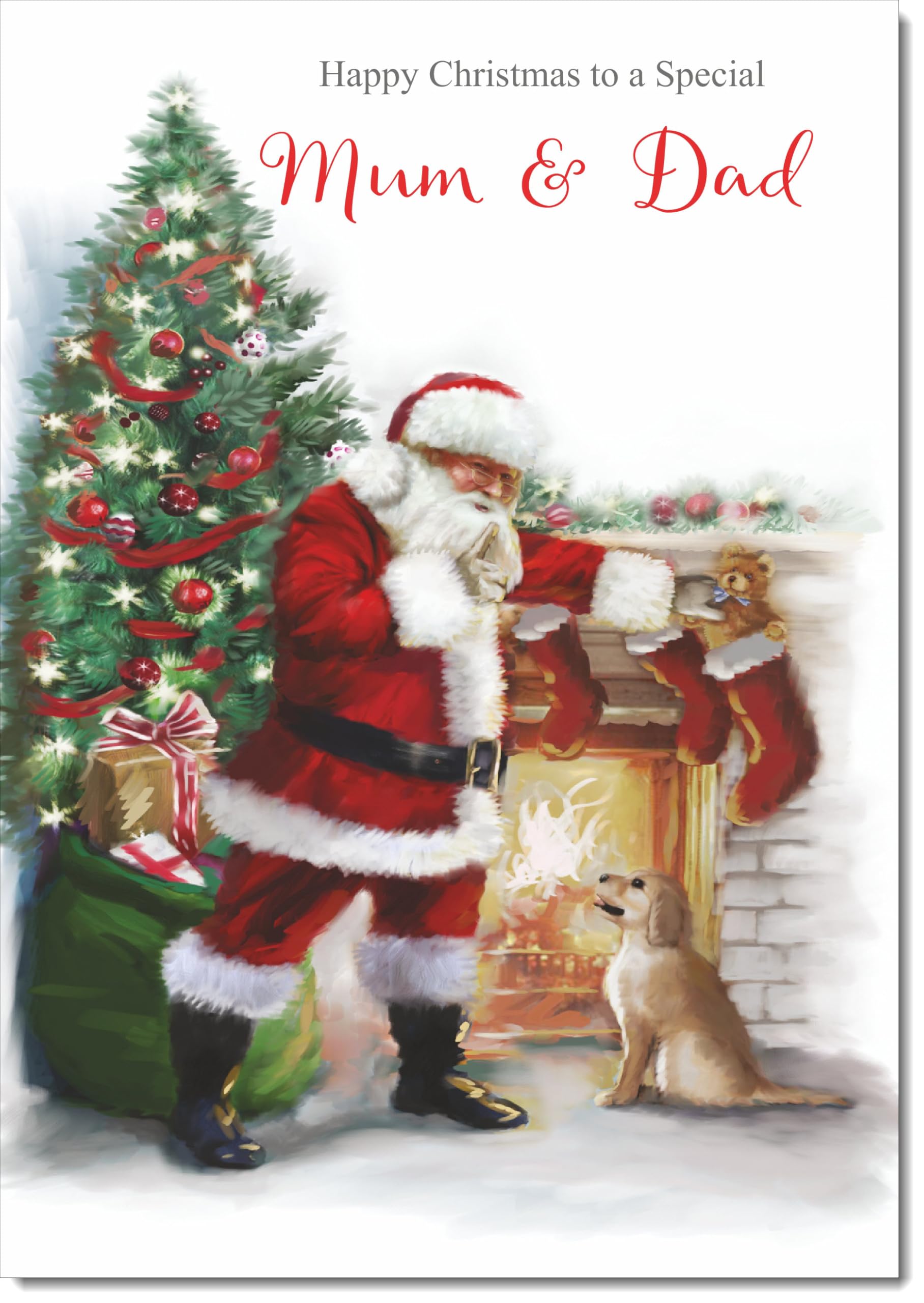 doodlecards Mum and Dad Christmas Card Santa by Christmas Tree Large A4 Size Christmas Card for Mum & Dad with Plain Envelope — image 1