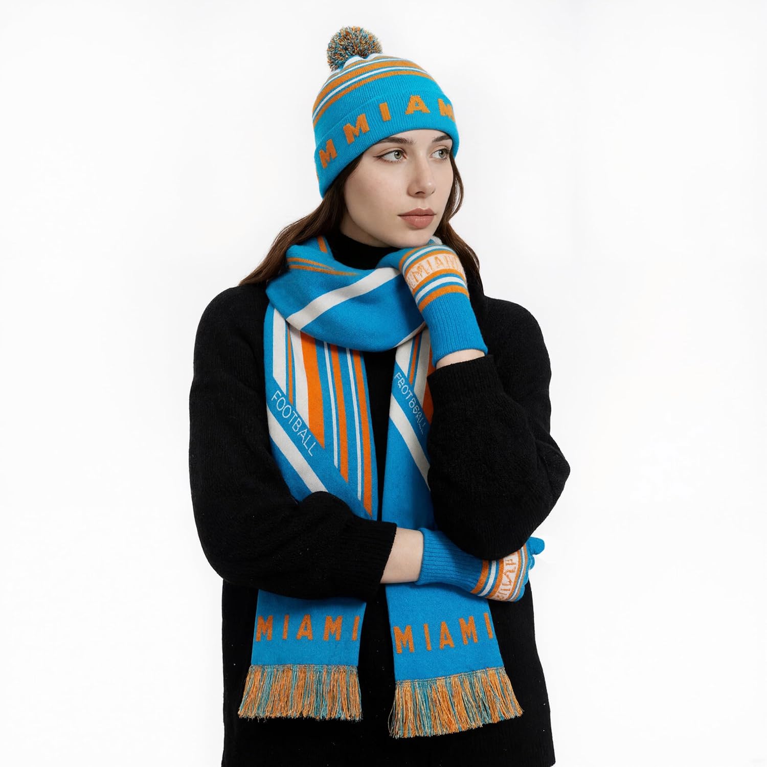 3 Set Winter Fashion Beanie Hat Knit with Warm Gloves and Scarf for Football Baseball Fans