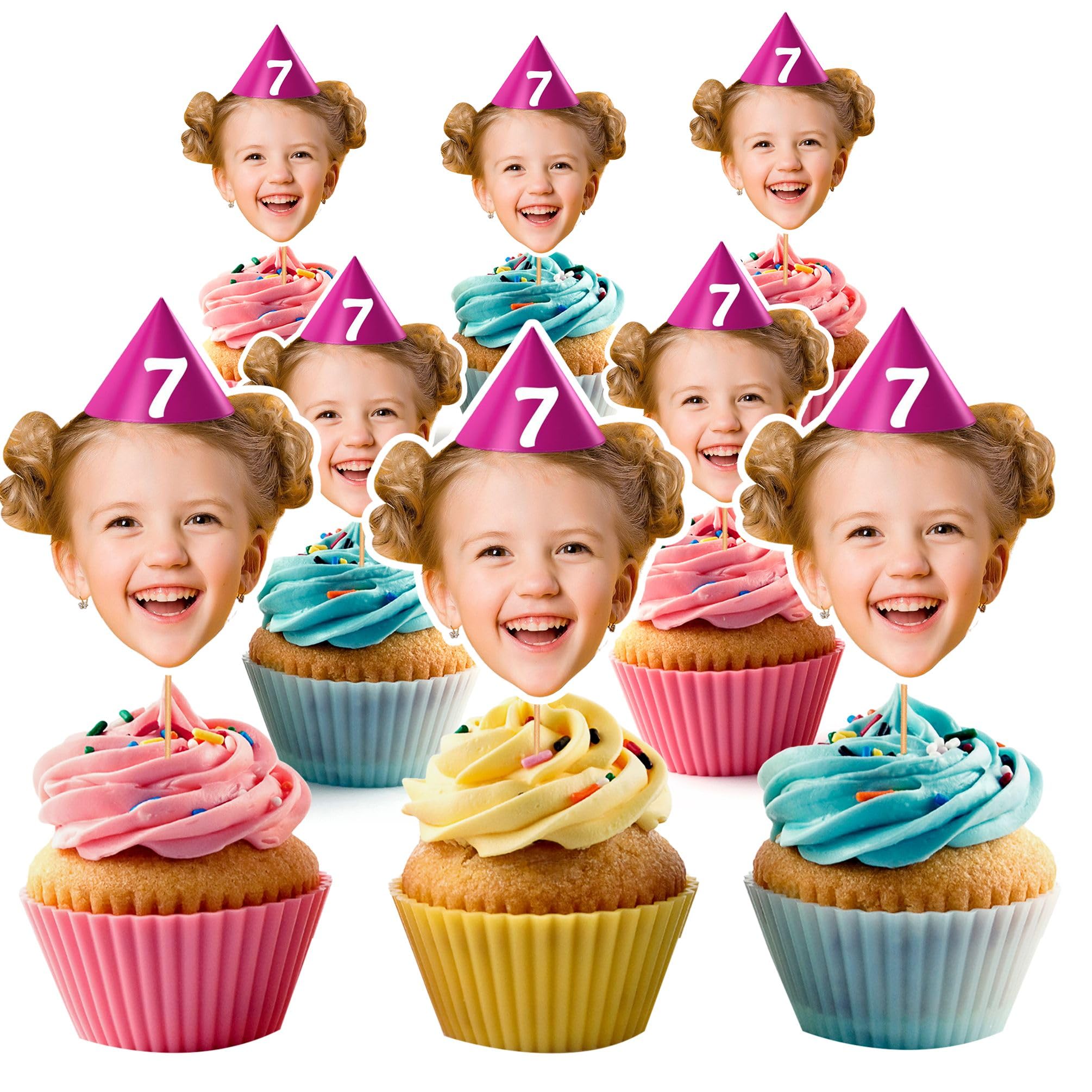 Personalised Cupcake Toppers Photo Face Faces Custom Cake Topper 7th Birthday Party Decorations 5th 10th 13th Kids Boys Girls SPD7