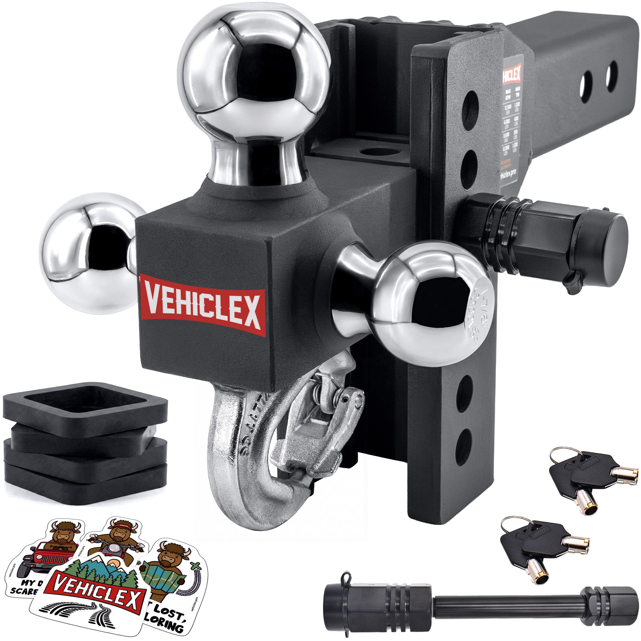 Photo 1 of Vehiclex Adjustable Trailer Hitch for 2.5" Receiver, Tri-Ball Mount with Tow Hook, 6" Drop, Keyed-Alike Pin Locks, Galvanized & Powder-Coated Steel