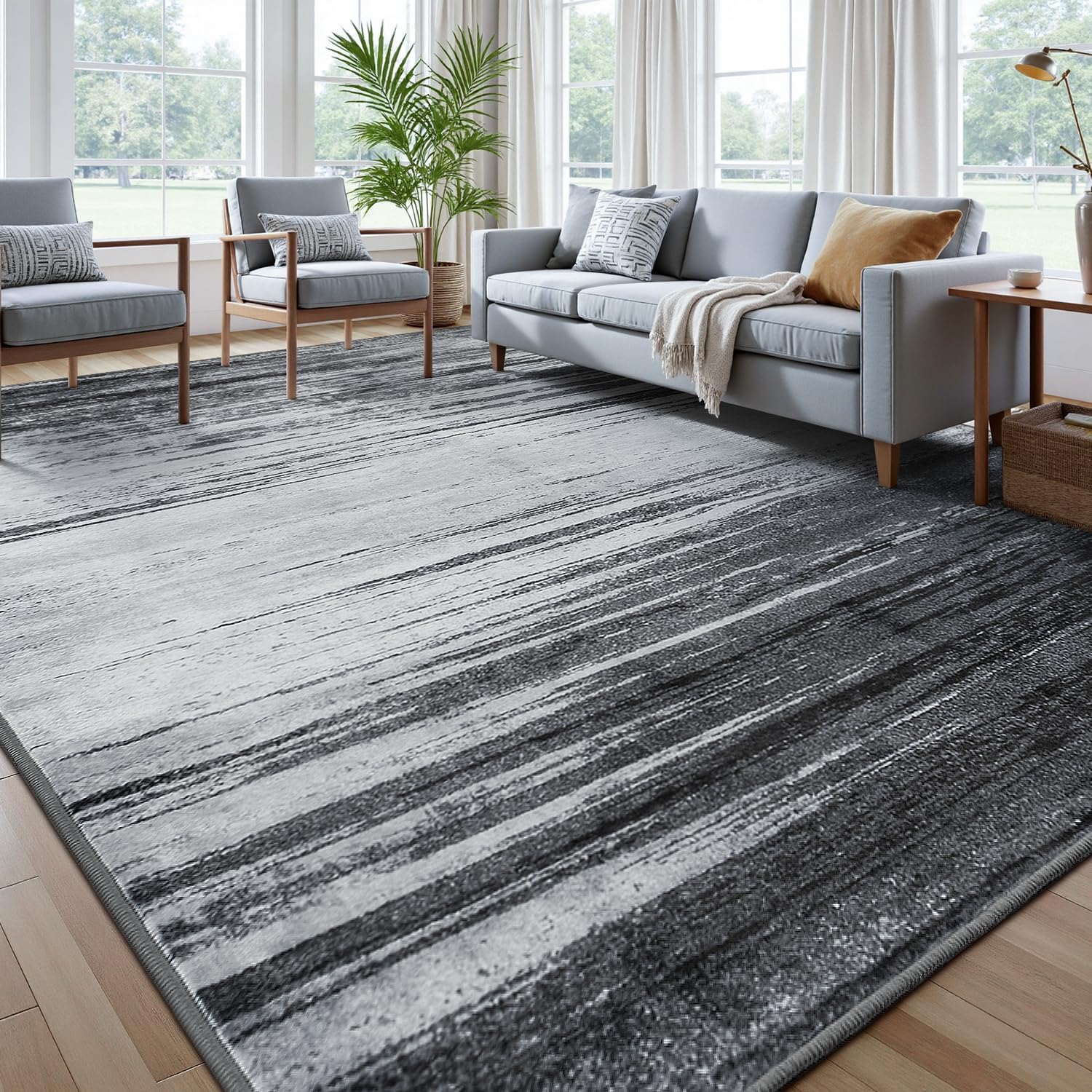 Photo 1 of Rugflix 8x10 Area Rug, Washable Rug for Living Room, Non Slip, Soft Low Pile, Modern Abstract Grey Black Rug for Bedroom, Dining Room, Home Office, Indoor Floor Carpet