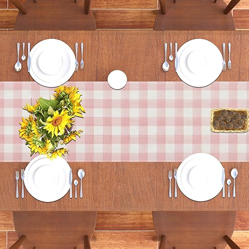 Miniatura 5 de Rvsticty Camino de mesa de lino con diseño de cuadros de búfalo rosa y blanco mantel de guinga granja primavera verano Pascua hogar cocina