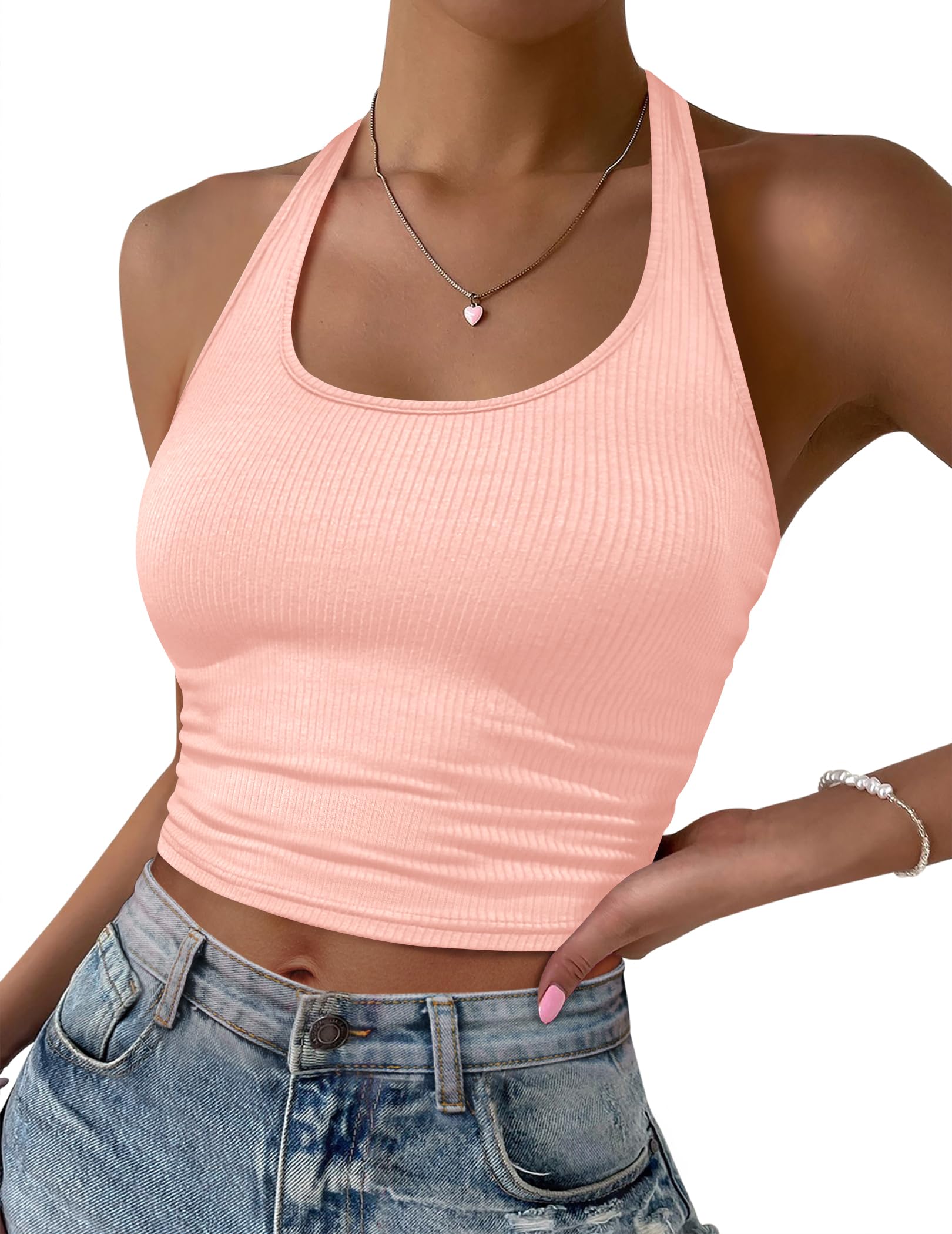 Ekouaer Tank Top Damen Rückenfrei Neckholder Crop Top Sommer Rippstrick Tanktops Frauen U-Ausschnitt Einfarbig Oberteil