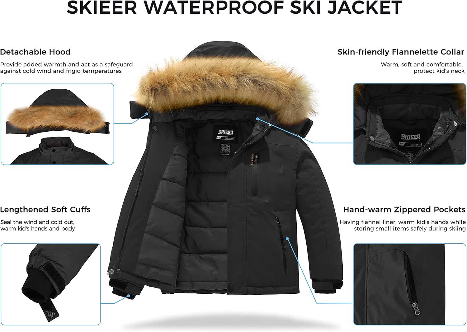 Skieer Boy's Waterproof Ski Jacket Warm Winter Snowboard Jacket Hooded Rain Coat : Clothing, Shoes & Jewelry