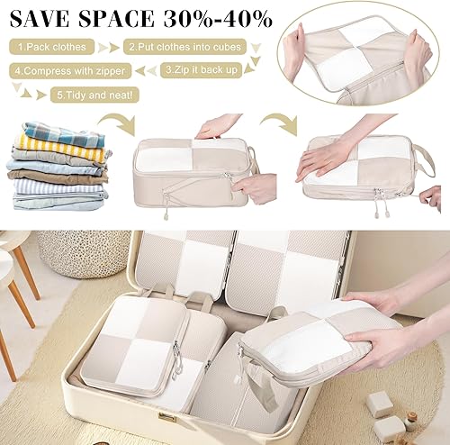 Vista 2 de Juego de 8 cubos de compresión para equipaje de viaje, ligeros, expandibles, organizadores de maletas para equipaje de mano, Beige