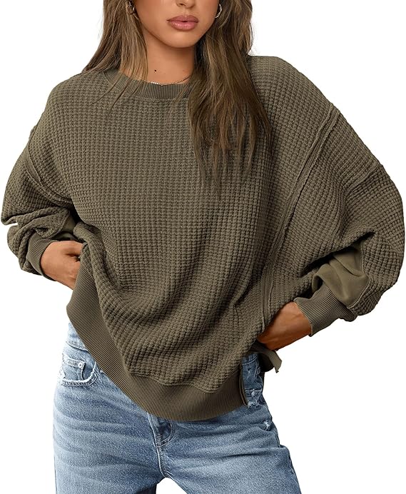 PRETTYGARDEN Oversized Sweatshirt for Women 2025 Fashion Crewneck Long Sleeve Pullover Waffle Knit Tops Fall Trendy Clothes