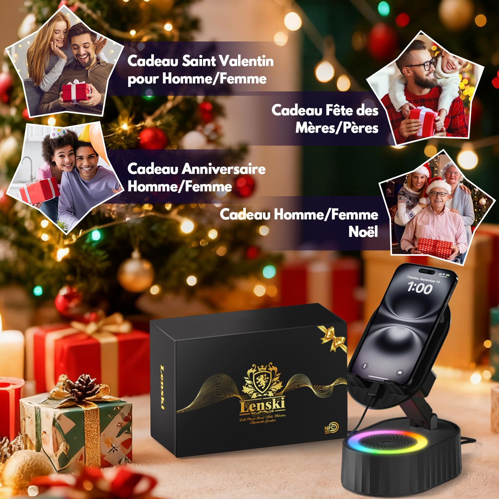 Lenski Cadeau Homme Original Utile, Cadeau Anniversaire Homme Papa Gadgets pour Homm e, 5-en-1 Enceinte Bluetooth Support Telephone, Cadeaux de Noël Originaux, Idee Cadea u Homm e Noel