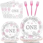 Winter Onederland 1st Birthday Themed Tableware - Snowflake One Plates, Napkins for Baby Girls First Birthday - Disposable Paper Party Decorations Supplies Favors for 24 Guests