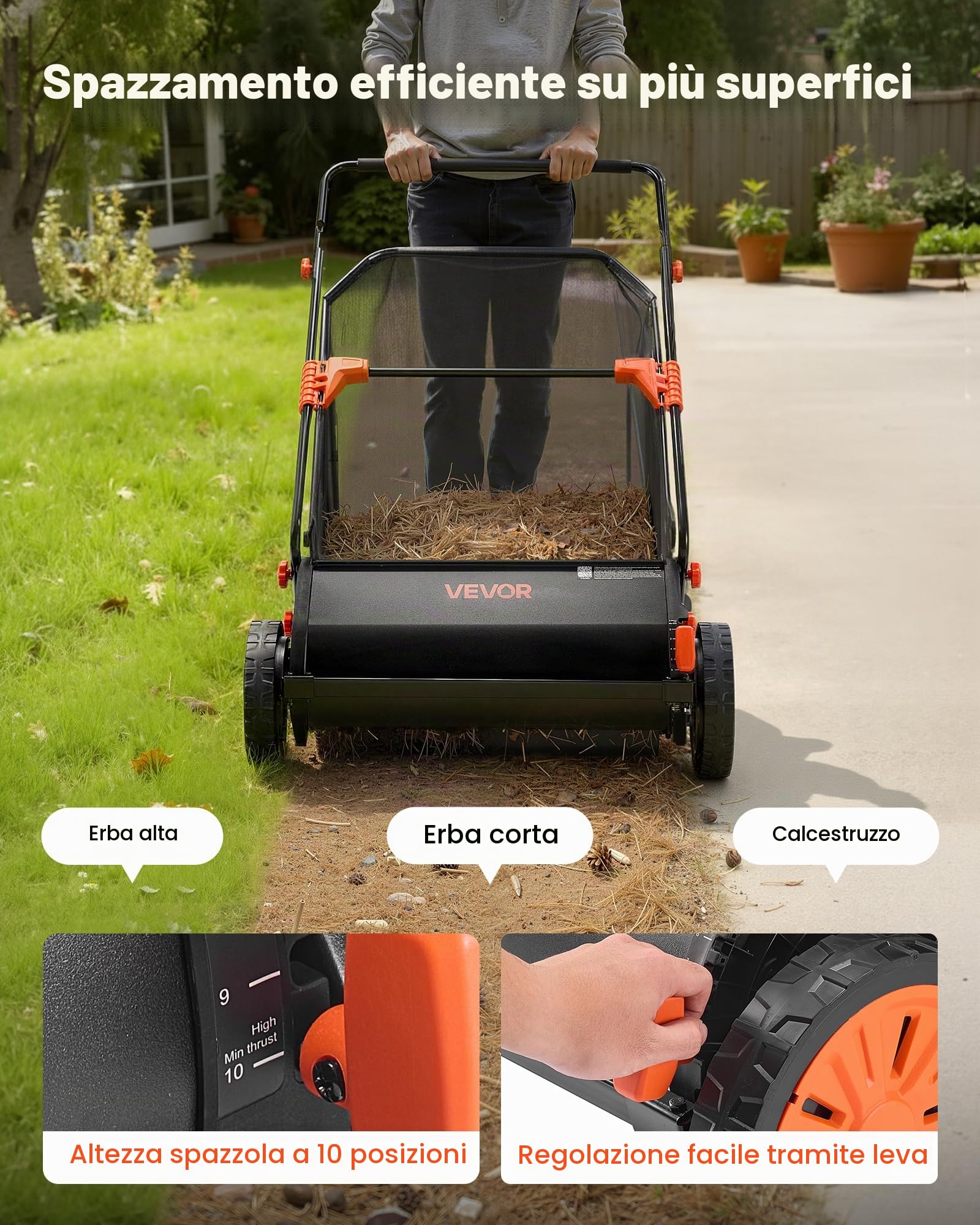 VEVOR Spazzatrice Raccoglitore Foglie da Cortile Giardino, Spazzatrice con Sacco di Raccolta di Foglie Erbe Larghezza 66 cm Sacco di Raccolta Capienza 198 L, Raccoglitore Manuale con Ruote in Gomma
