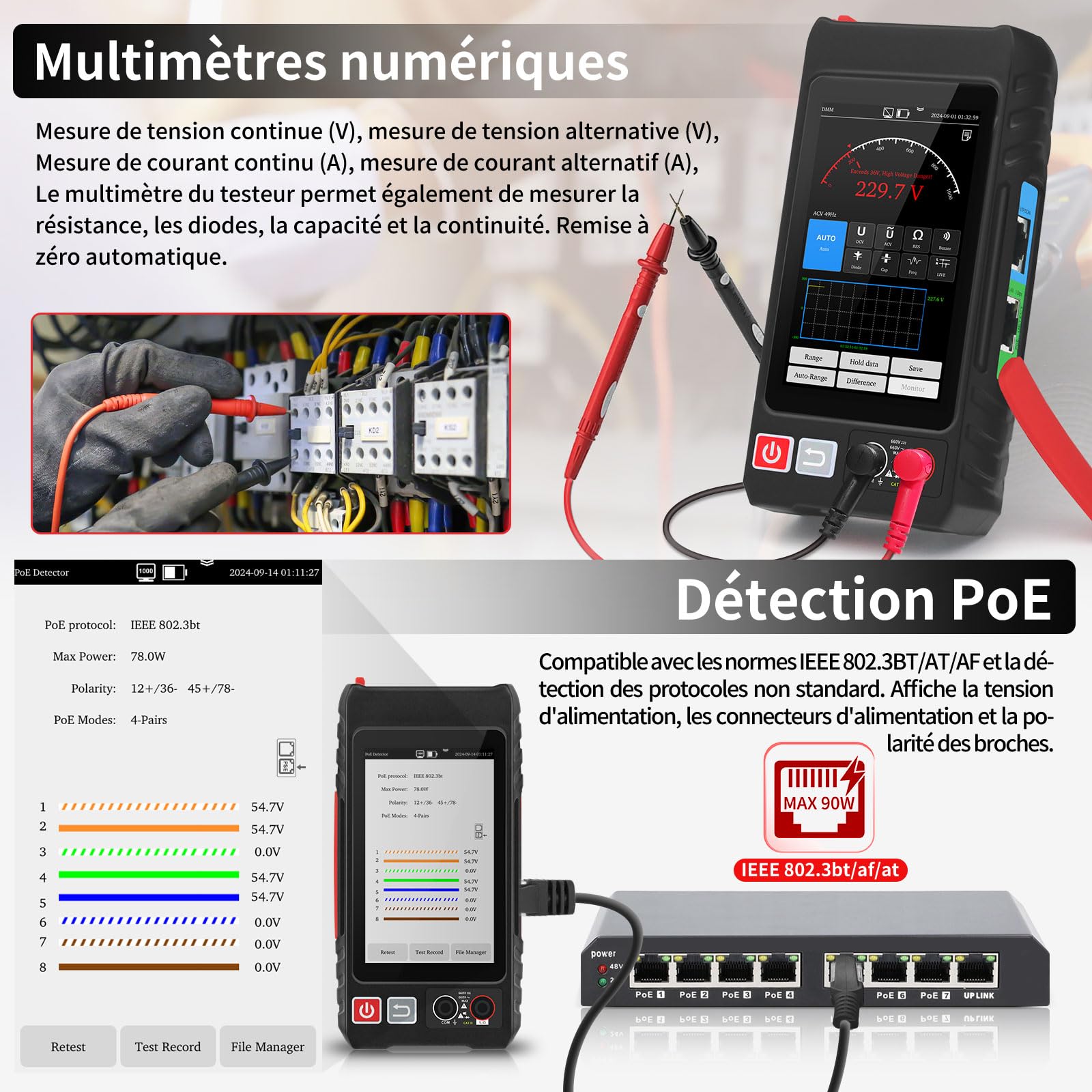 Henkion Testeur Câble Réseau RJ45 Professionnel Écran IPS 4", Ethernet Tester Rechargeable, Outils Réseau, Détection POE++, Digital Multi-Meter, OPM, Mesureur de Longueur Câble, TDR, NCV, LEVEL METER